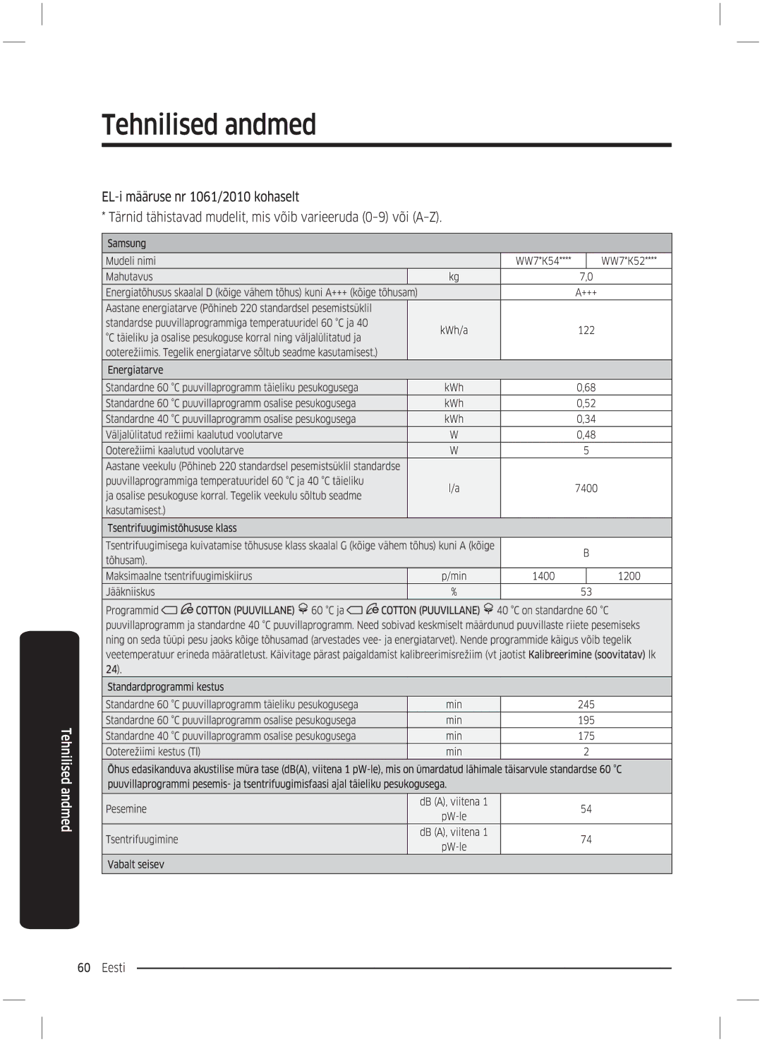 Samsung WW70K5210UX/LE, WW70K5210UW/LE manual 