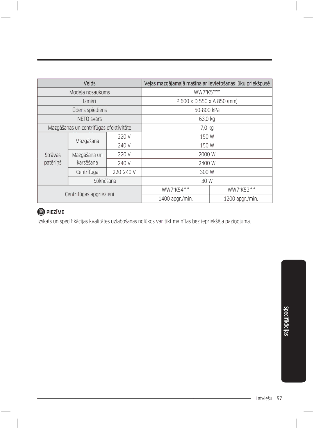 Samsung WW70K5210UW/LE, WW70K5210UX/LE manual 