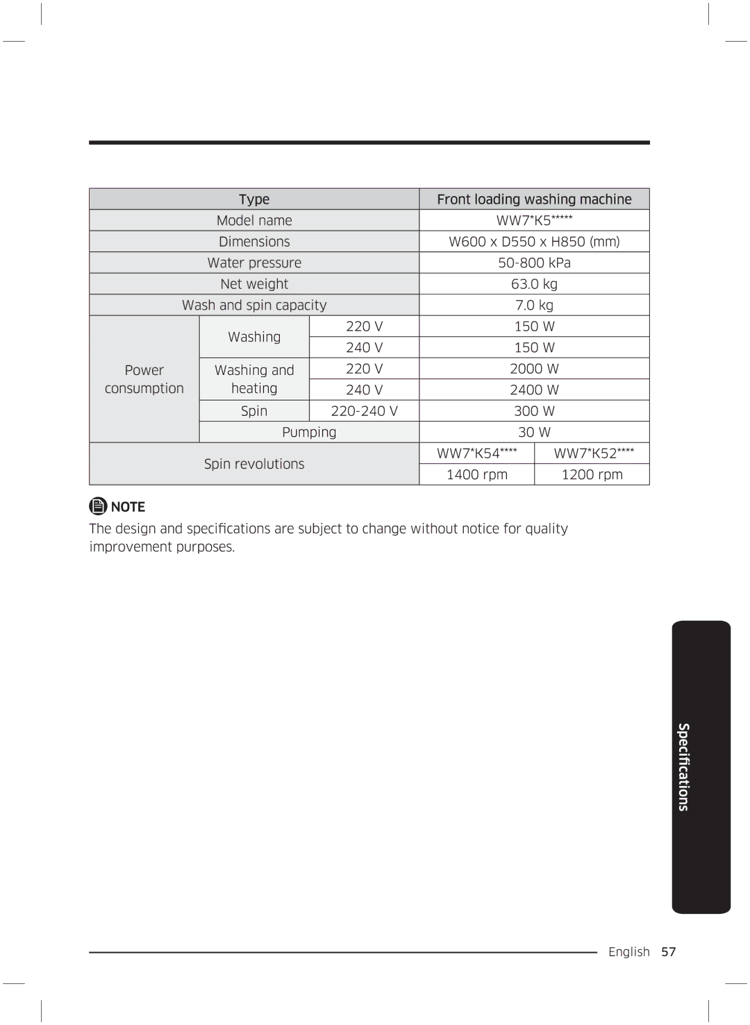 Samsung WW70K5210UW/LE, WW70K5210UX/LE manual 