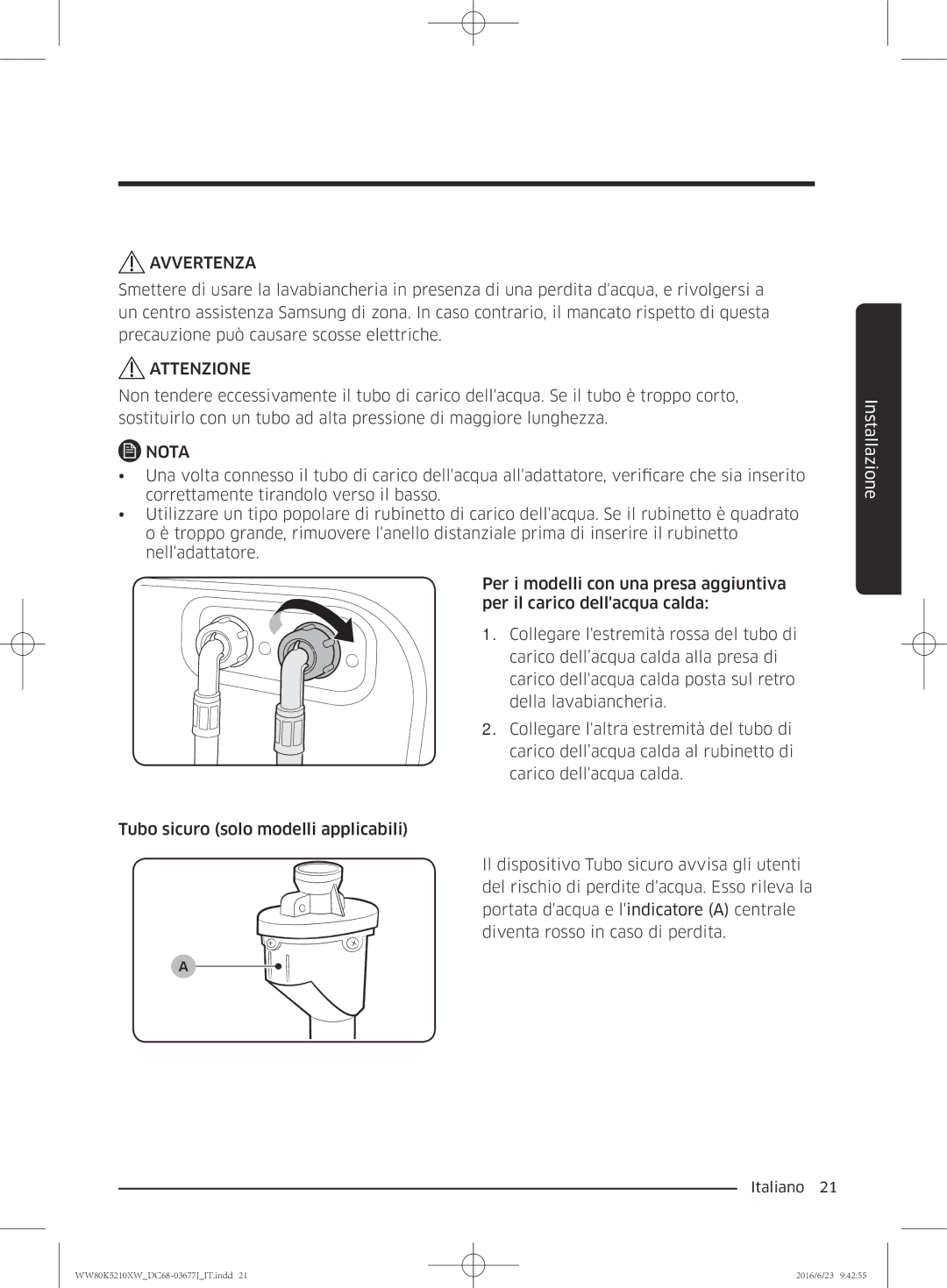 Samsung WW80K5210VW/ET, WW70K5210XW/ET manual Avvertenza 