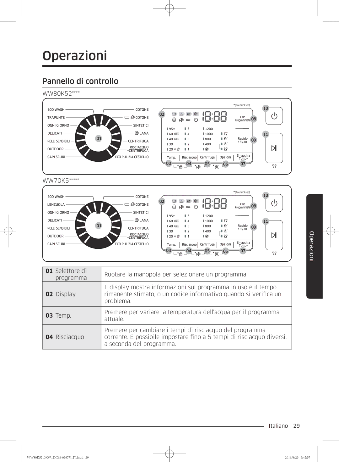 Samsung WW80K5210VW/ET, WW70K5210XW/ET manual Operazioni, Pannello di controllo 