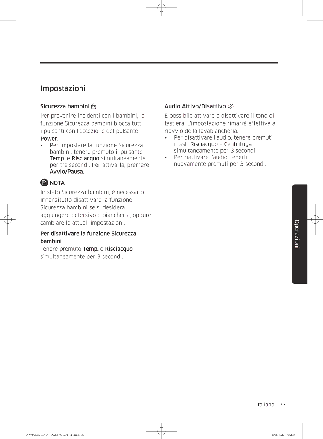 Samsung WW80K5210VW/ET, WW70K5210XW/ET manual Impostazioni 