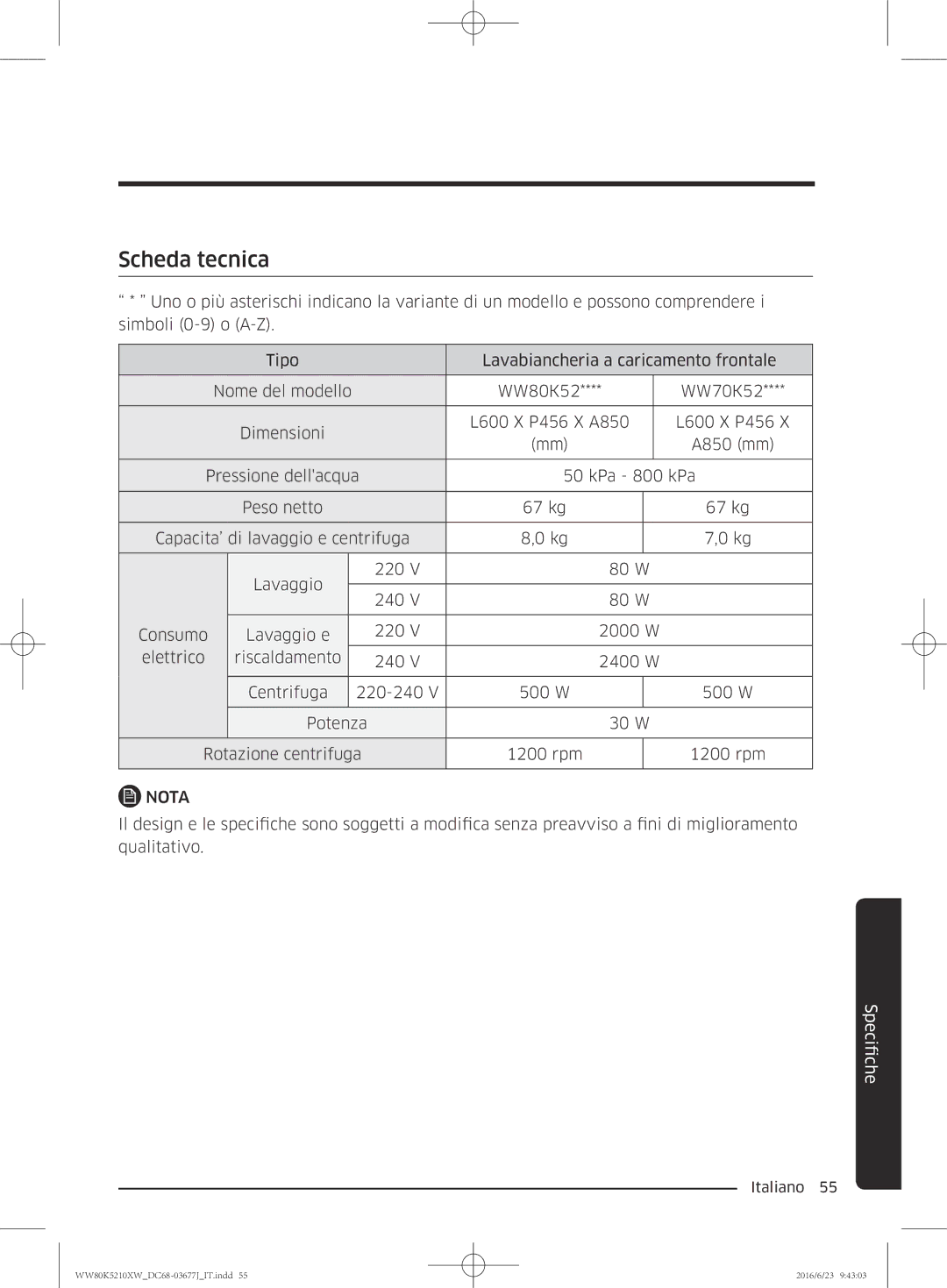 Samsung WW80K5210VW/ET, WW70K5210XW/ET manual Scheda tecnica, Nota 