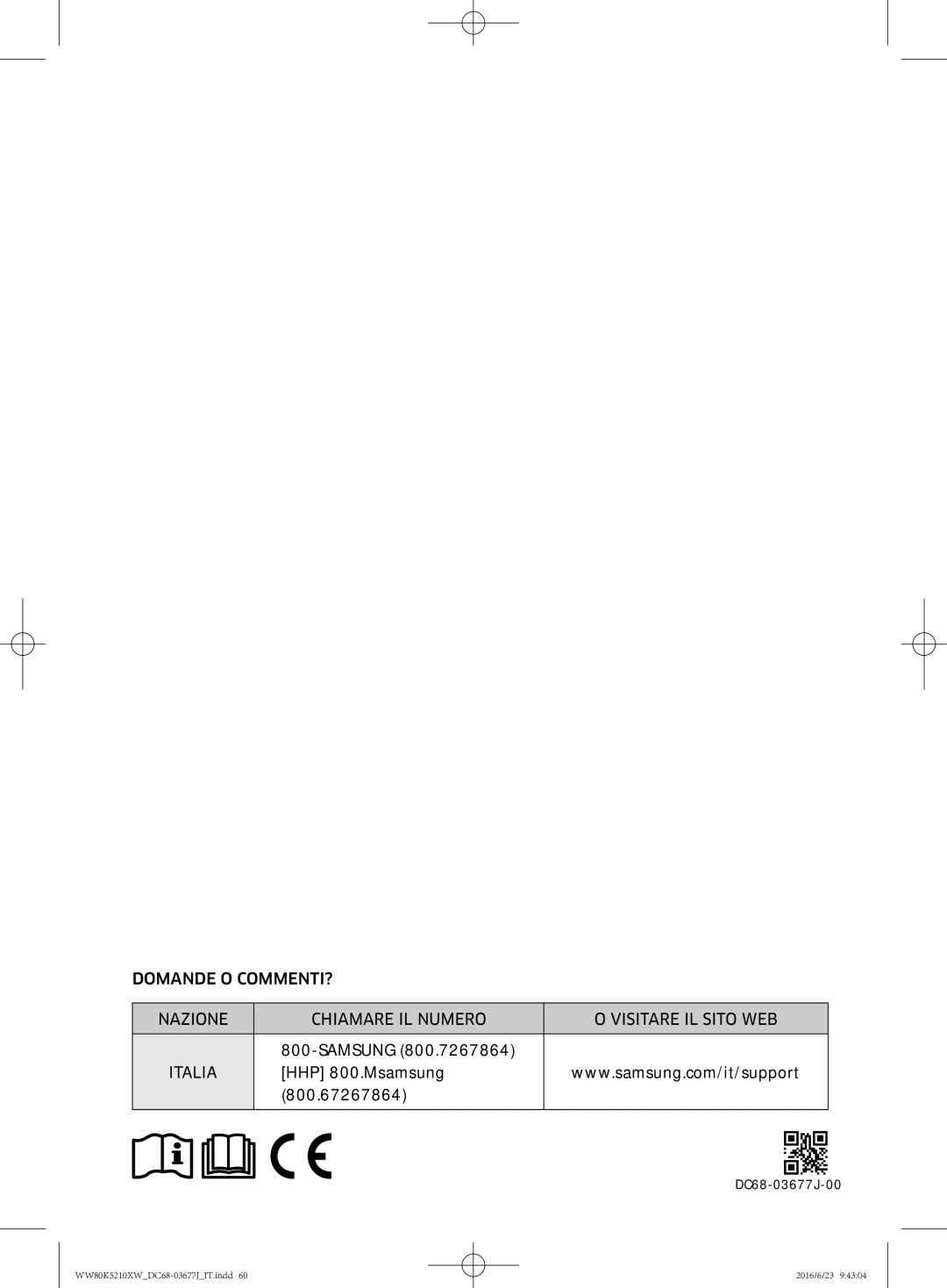 Samsung WW70K5210XW/ET, WW80K5210VW/ET manual Italia 