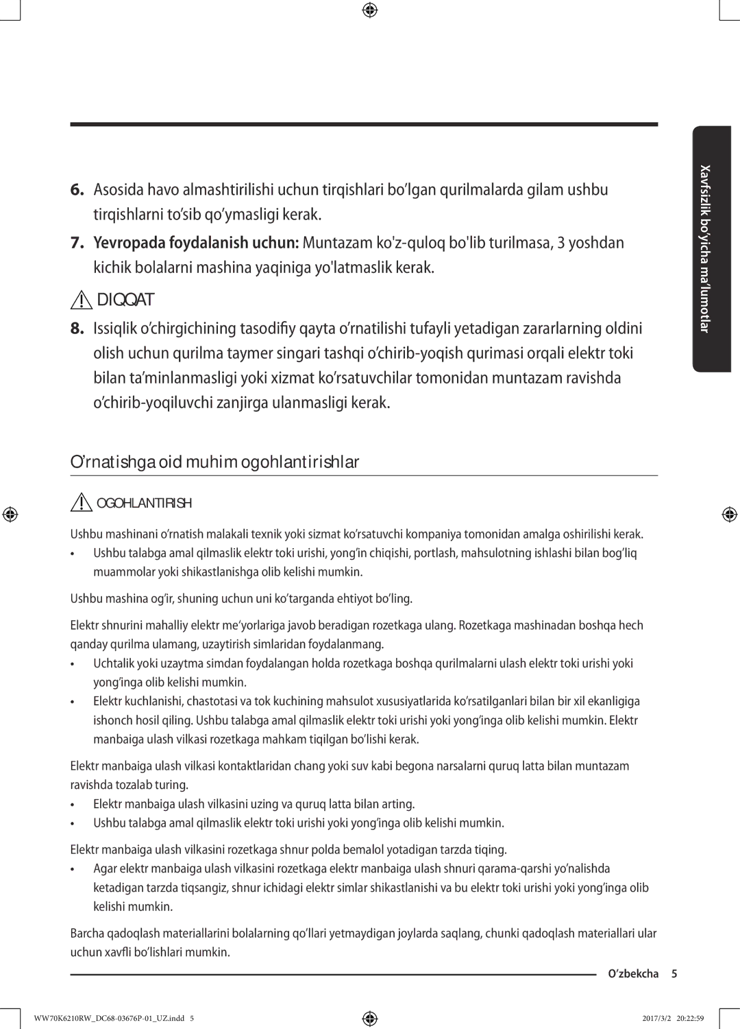 Samsung WW80K6210RW/LP, WW70K6210RW/LP manual Diqqat, ’rnatishga oid muhim ogohlantirishlar 