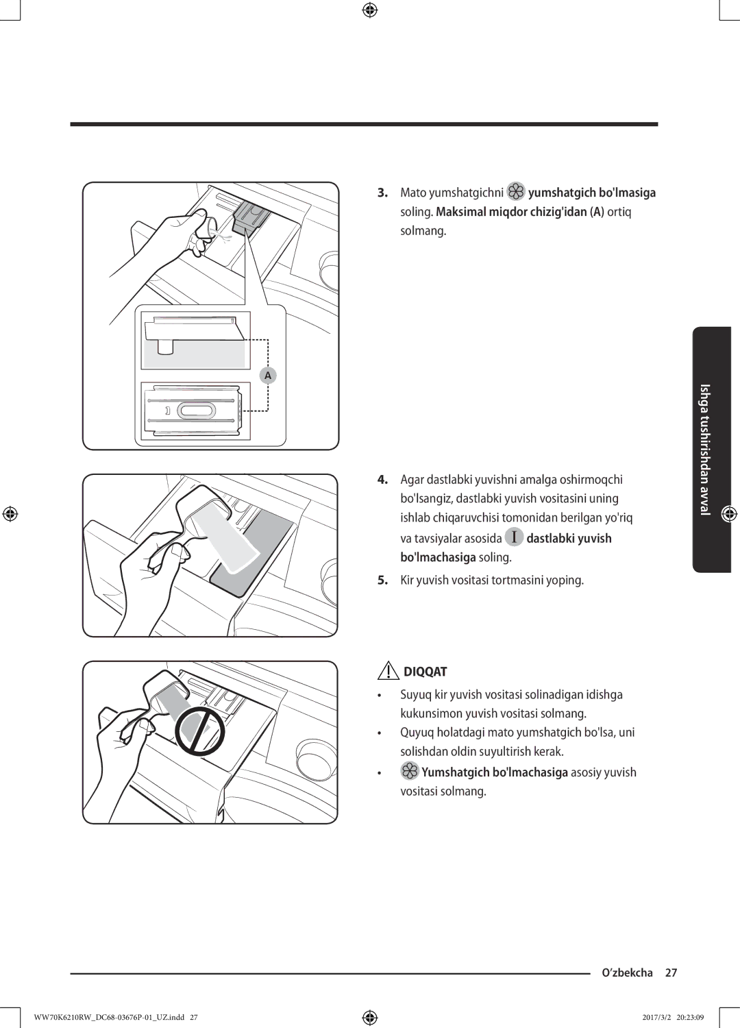 Samsung WW80K6210RW/LP, WW70K6210RW/LP manual Va tavsiyalar asosida, Kir yuvish vositasi tortmasini yoping 