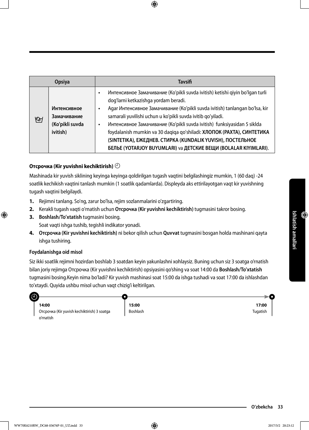 Samsung WW80K6210RW/LP Opsiya Tavsifi, Doglarni ketkazishga yordam beradi, Ivitish, Отсрочка Kir yuvishni kechiktirish 