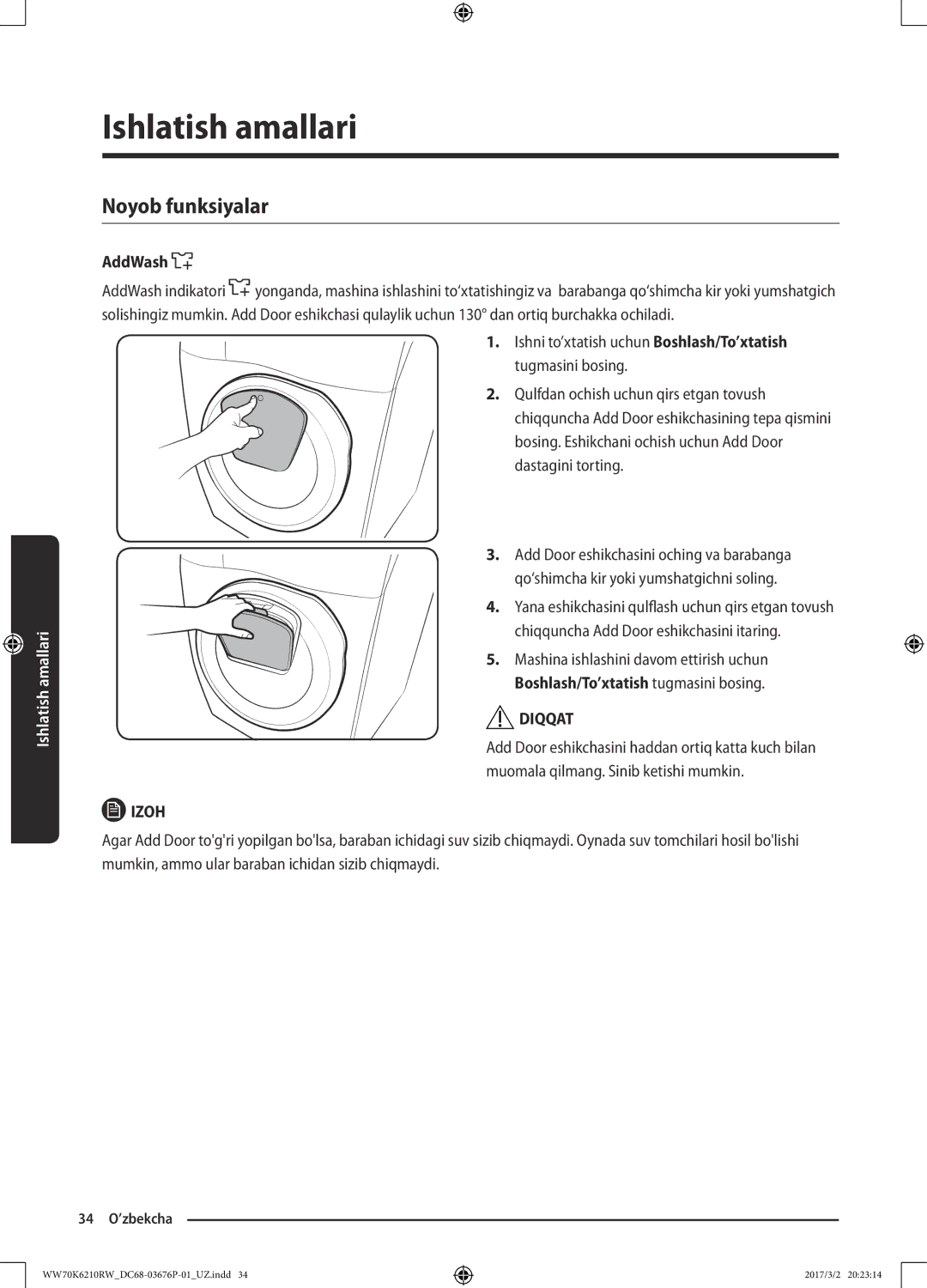 Samsung WW70K6210RW/LP, WW80K6210RW/LP manual Noyob funksiyalar, AddWash 