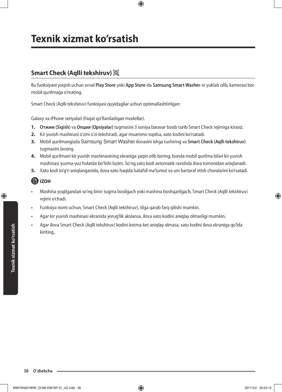 Samsung WW70K6210RW/LP, WW80K6210RW/LP manual Smart Check Aqlli tekshiruv 