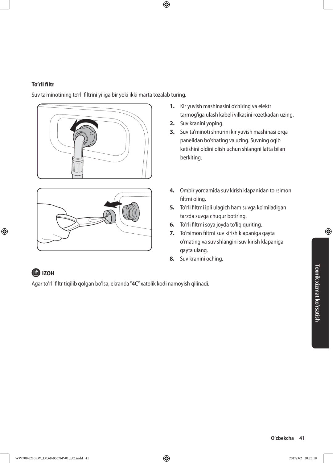 Samsung WW80K6210RW/LP, WW70K6210RW/LP manual To’rli filtr 