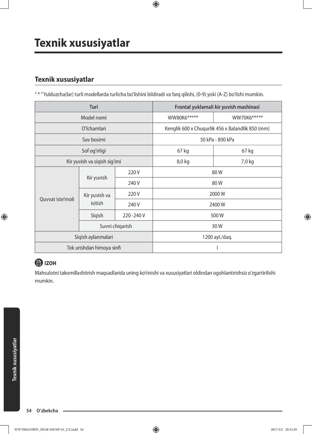 Samsung WW70K6210RW/LP manual Texnik xususiyatlar, Turi Frontal yuklamali kir yuvish mashinasi, Isitish, Suvni chiqarish 