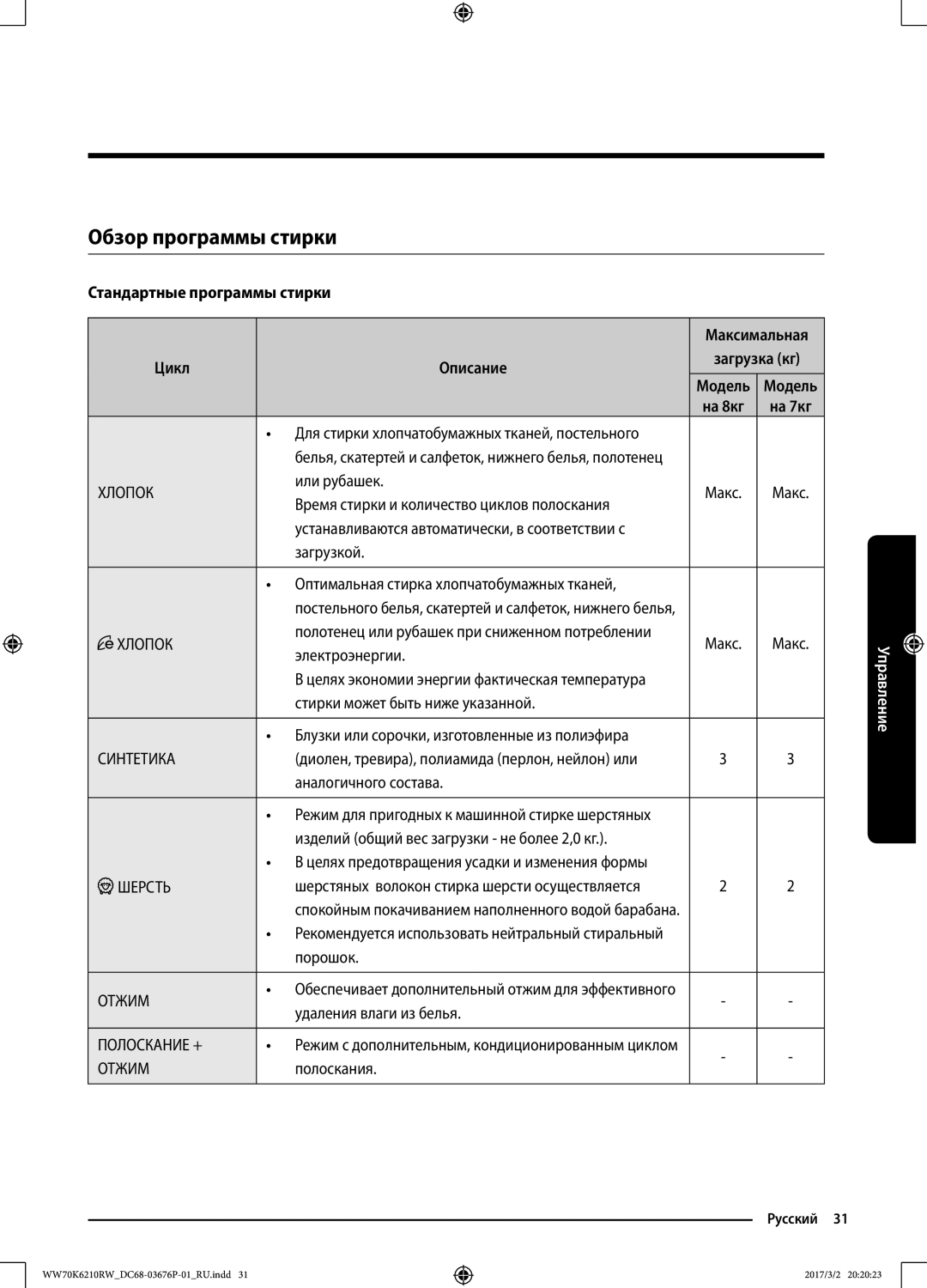 Samsung WW80K6210RW/LP, WW70K6210RW/LP manual Обзор программы стирки, Стандартные программы стирки, Цикл Описание 