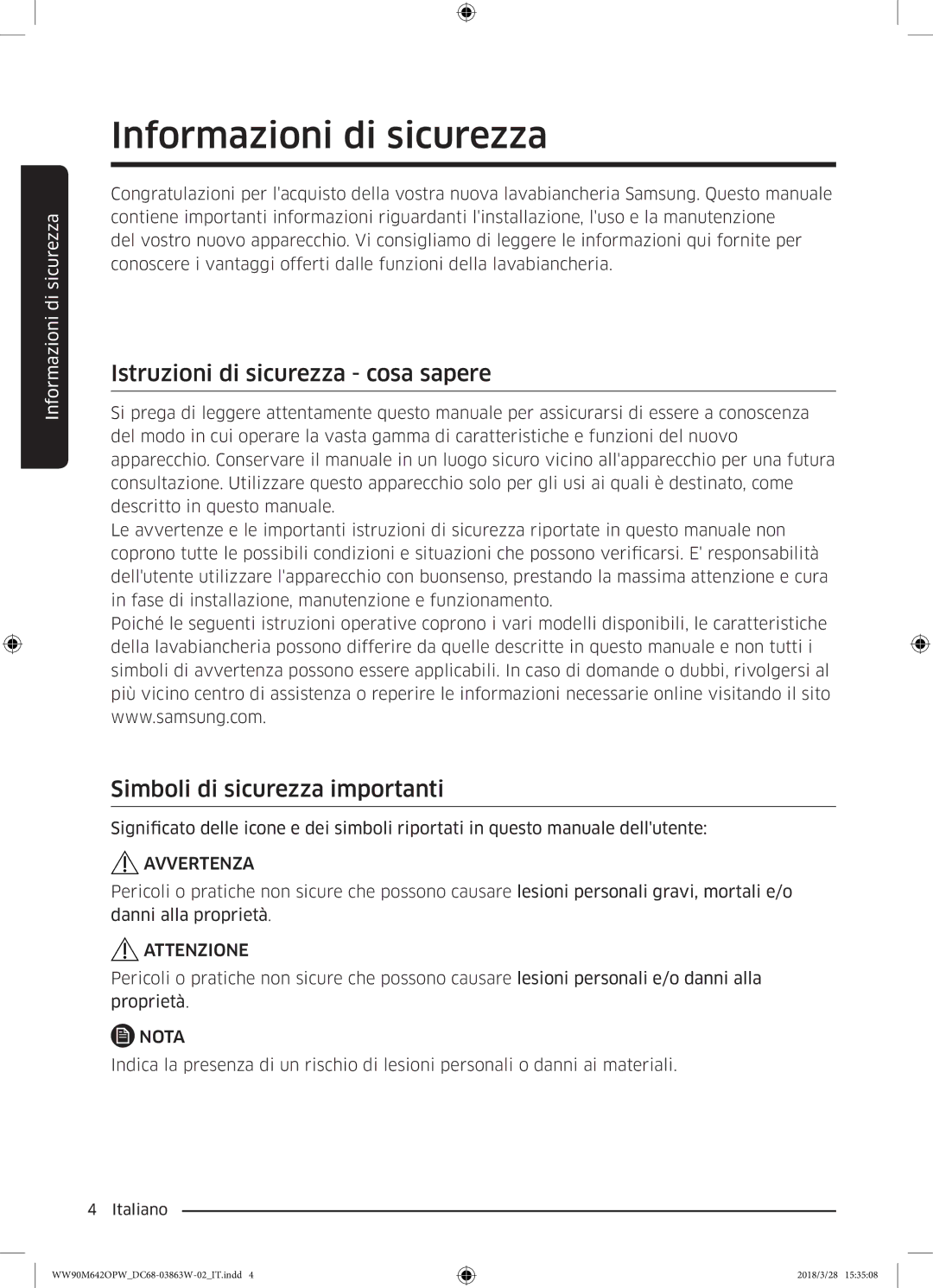 Samsung WW90M642OPW/ET Informazioni di sicurezza, Istruzioni di sicurezza cosa sapere, Simboli di sicurezza importanti 