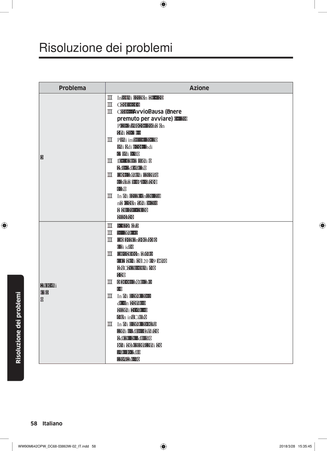 Samsung WW90M642OPW/ET, WW70M642OPW/ET, WW80M642OPW/ET manual Risoluzione dei problemi 