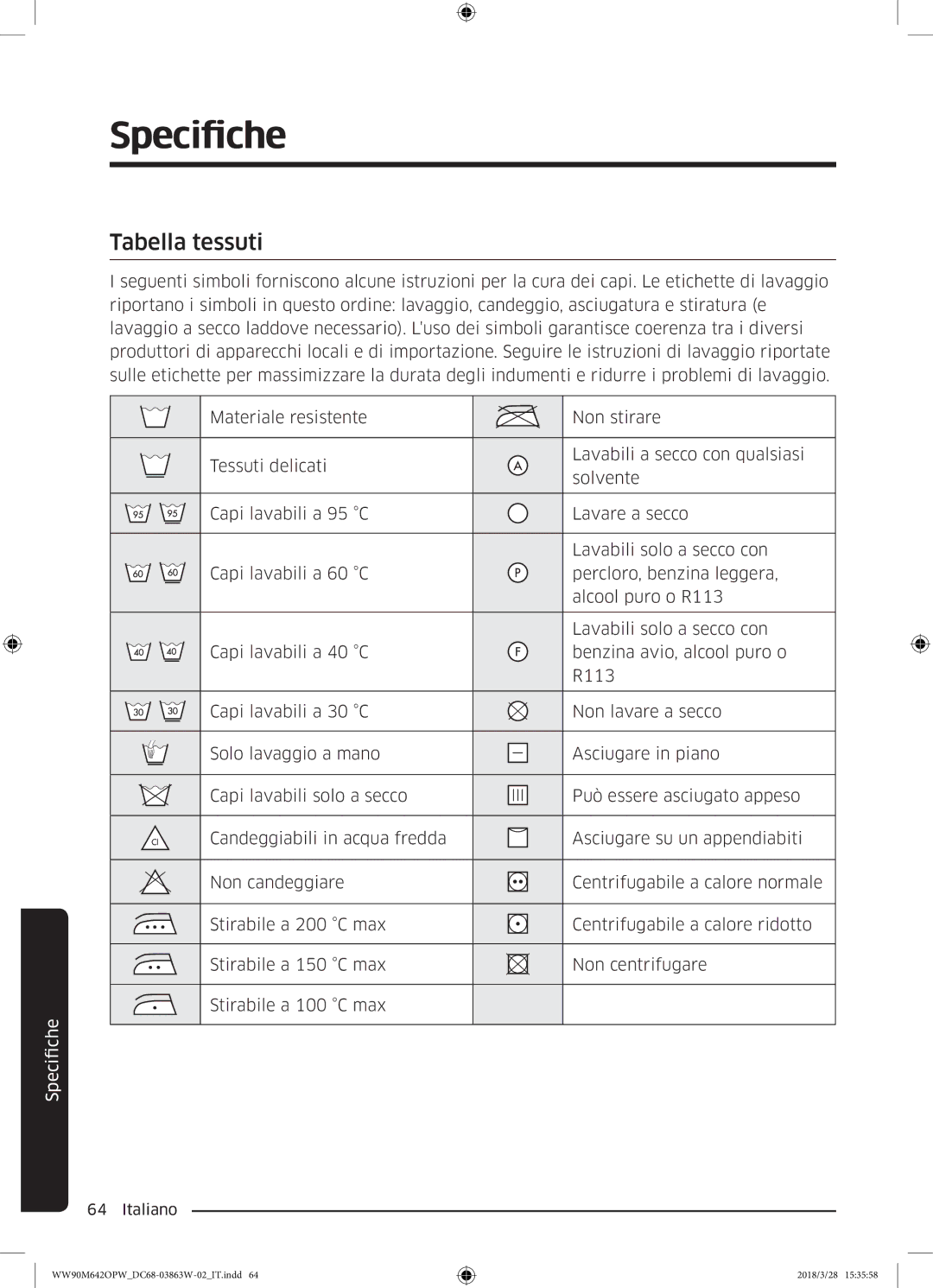 Samsung WW90M642OPW/ET, WW70M642OPW/ET, WW80M642OPW/ET manual Specifiche, Tabella tessuti 