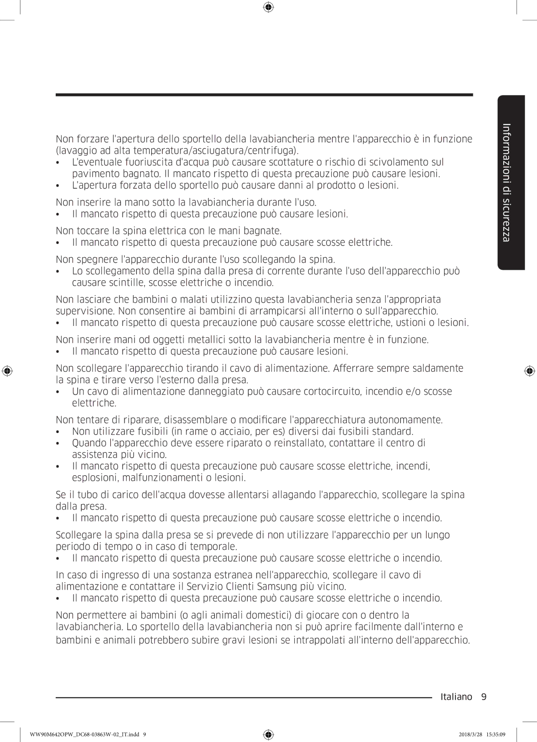 Samsung WW70M642OPW/ET, WW90M642OPW/ET, WW80M642OPW/ET manual Informazioni di sicurezza 