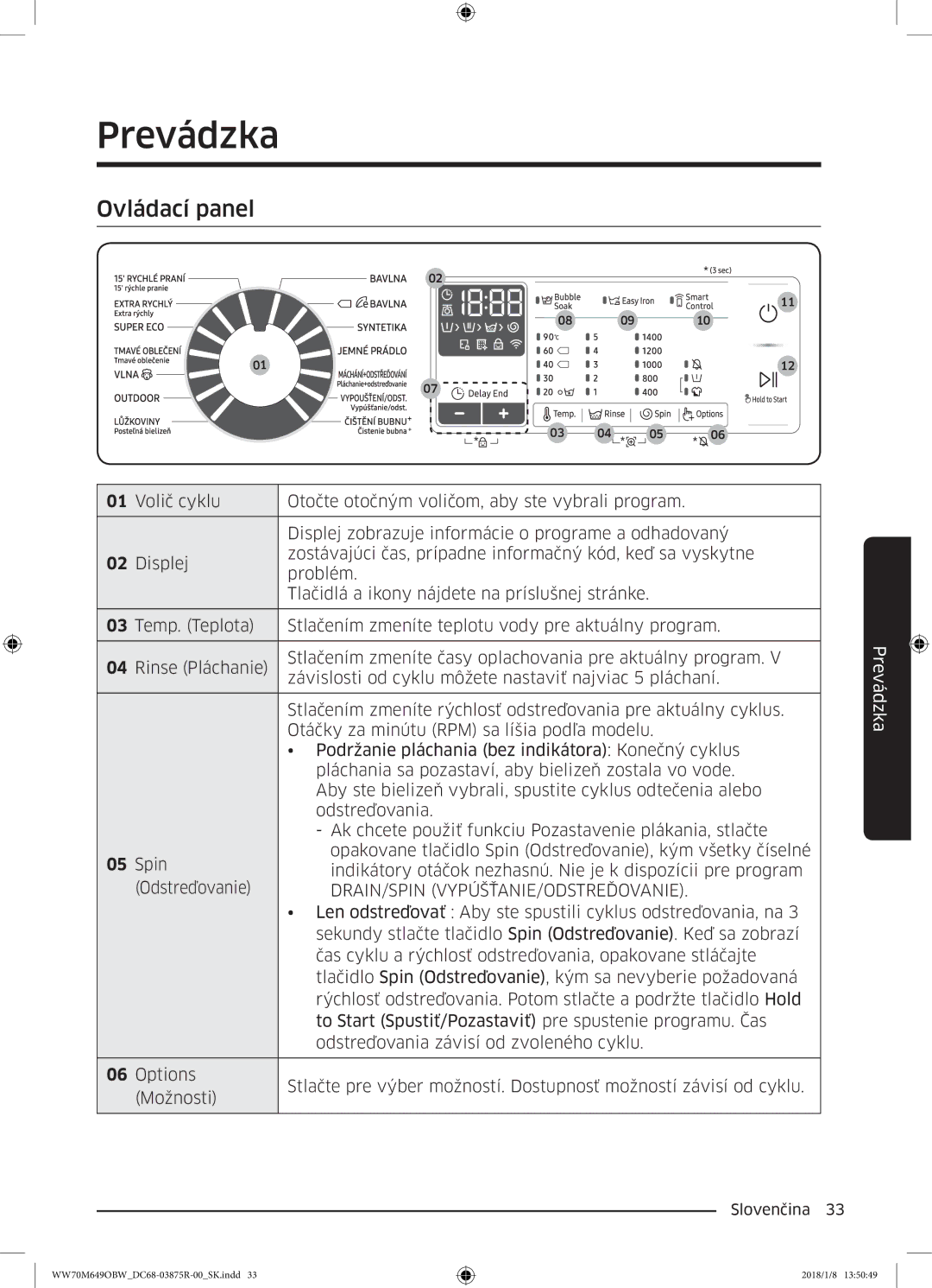 Samsung WW70M649OBW/ZE manual Prevádzka, Drain/Spin Vypúšťanie/Odstreďovanie 