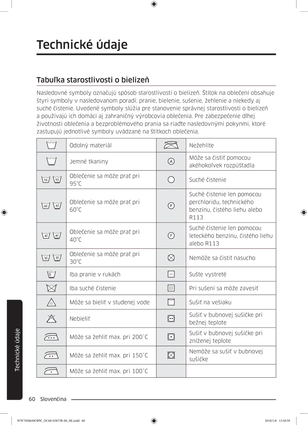 Samsung WW70M649OBW/ZE manual Technické údaje, Tabuľka starostlivosti o bielizeň 