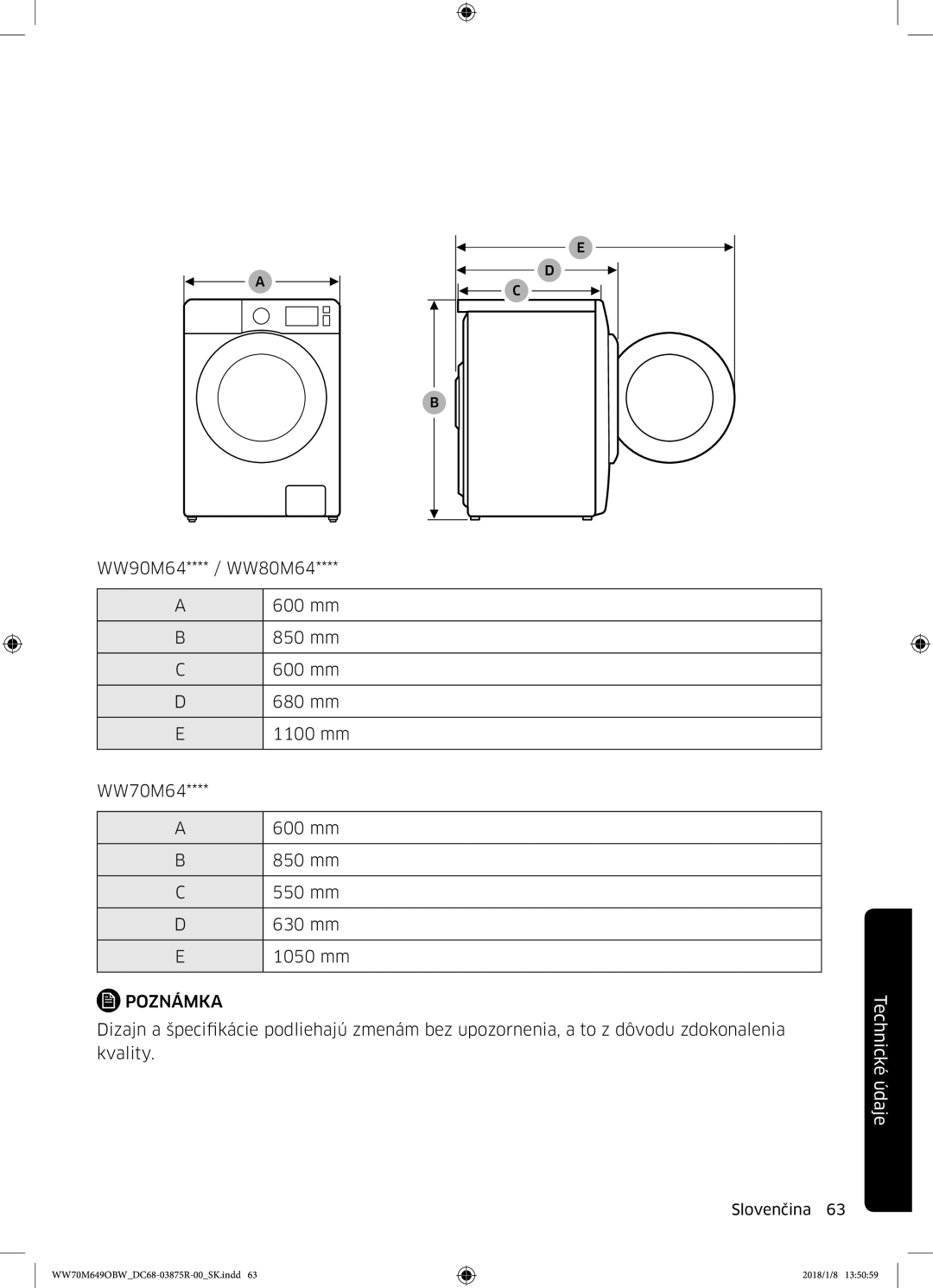 Samsung WW70M649OBW/ZE manual Poznámka 