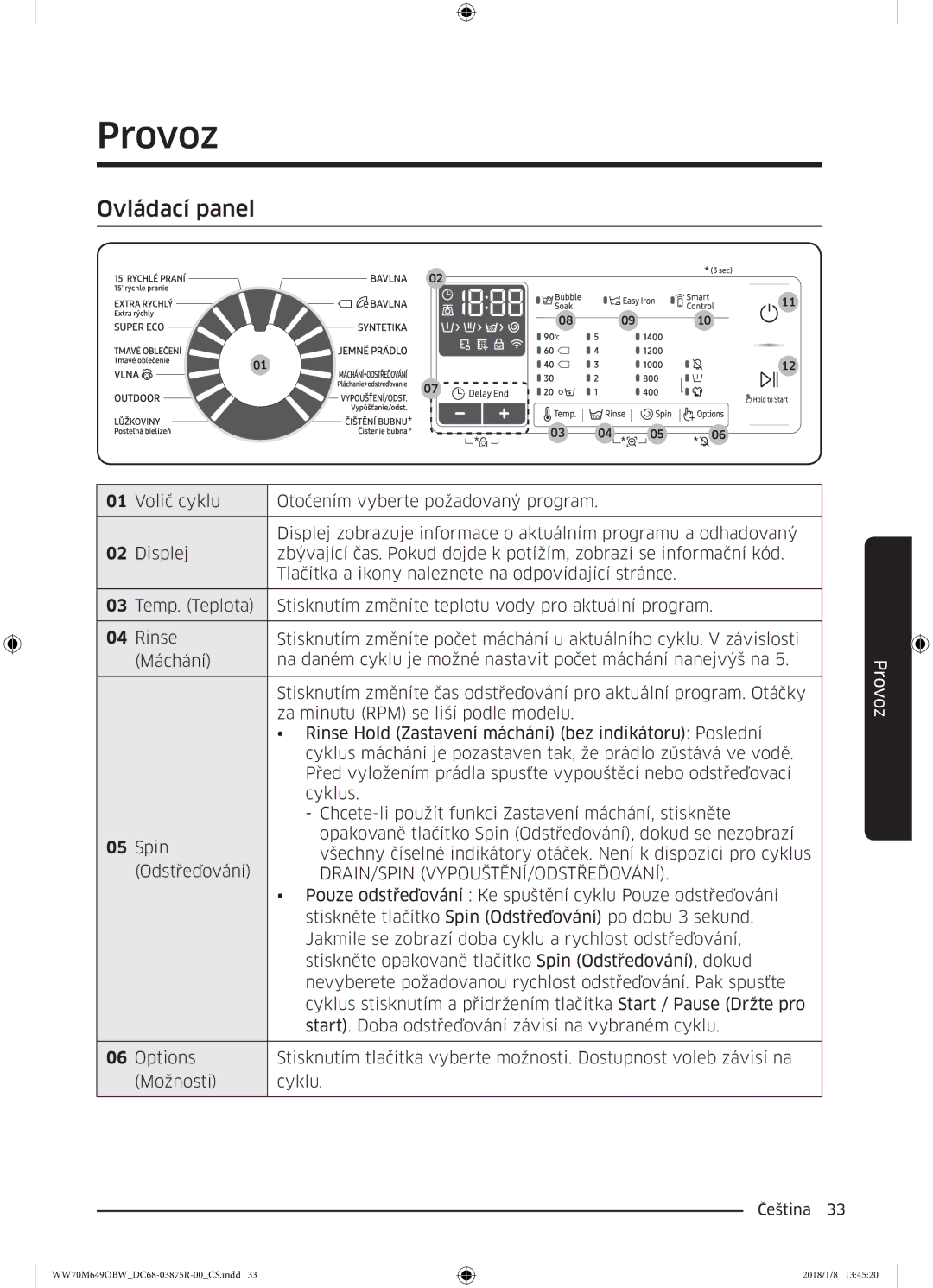 Samsung WW70M649OBW/ZE manual Provoz, Ovládací panel, Drain/Spin Vypouštění/Odstřeďování 