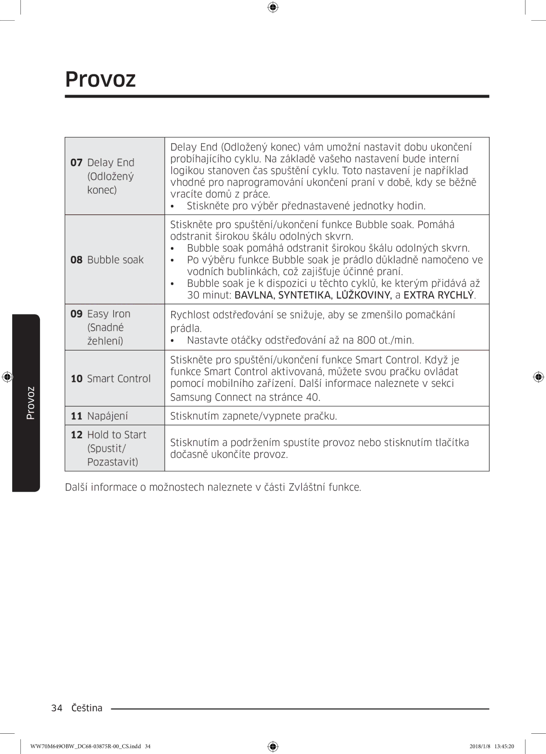 Samsung WW70M649OBW/ZE manual Delay End Odložený konec vám umožní nastavit dobu ukončení 