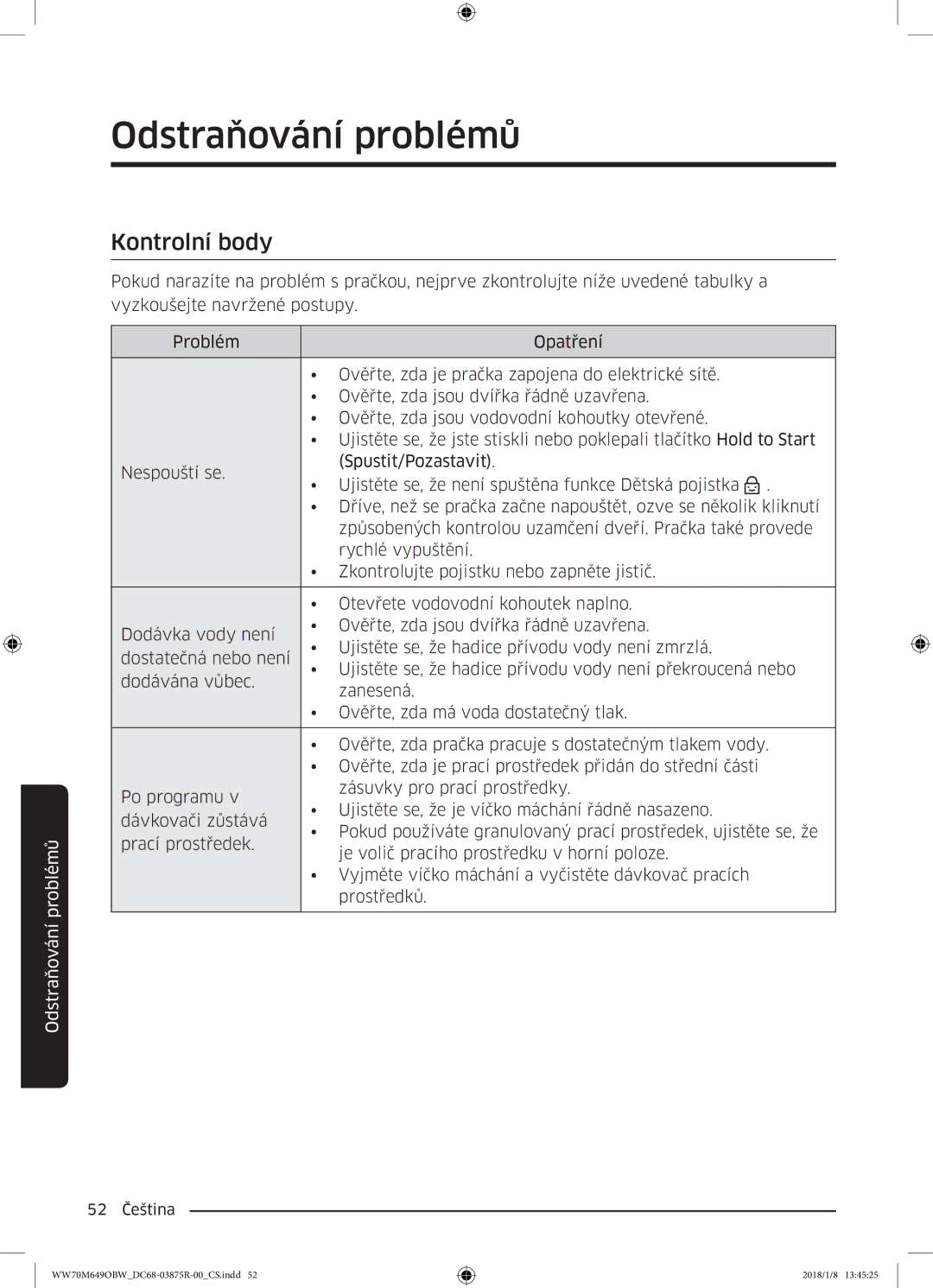 Samsung WW70M649OBW/ZE manual Odstraňování problémů, Kontrolní body 