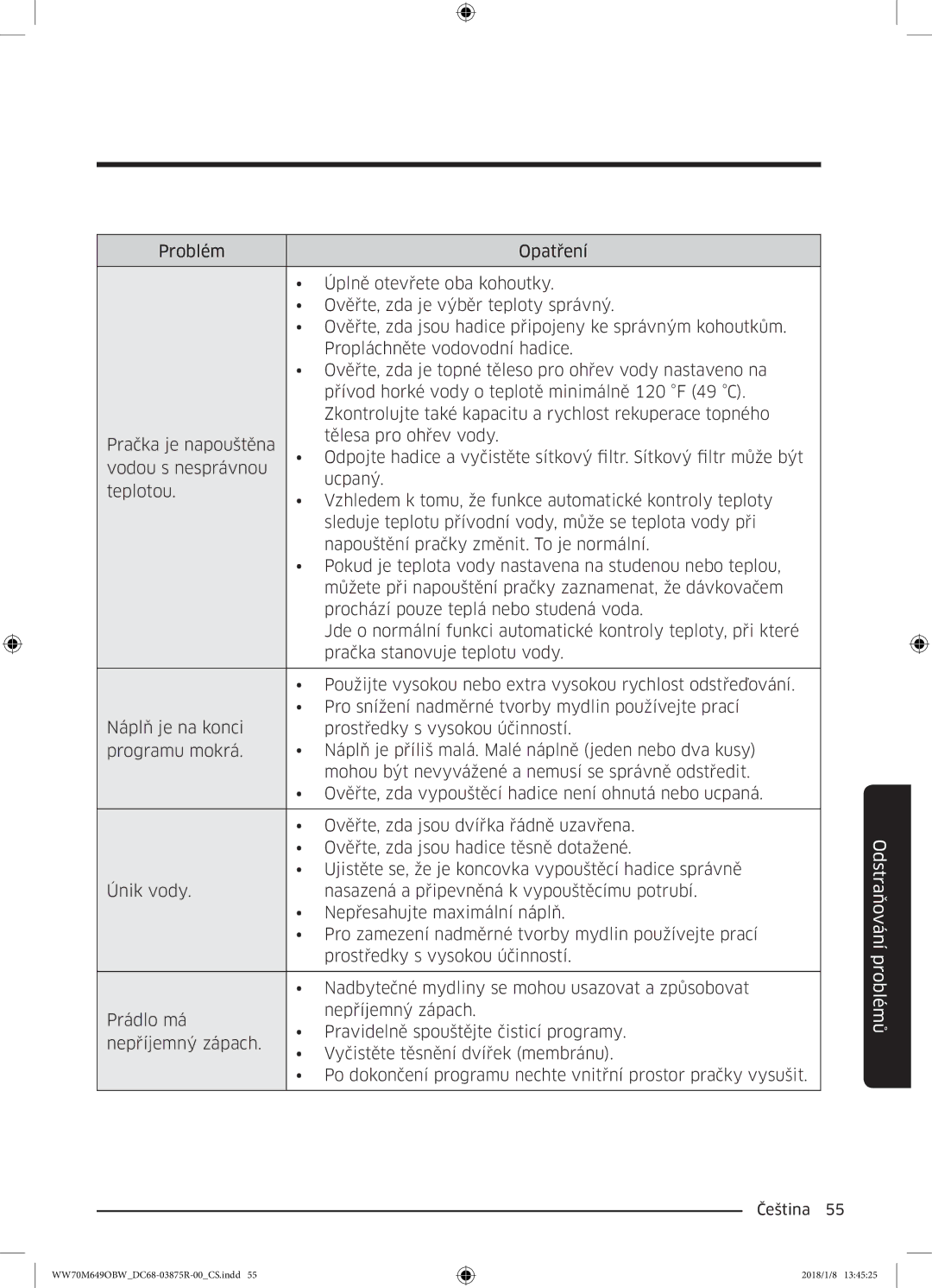 Samsung WW70M649OBW/ZE manual Odstraňování problémů 