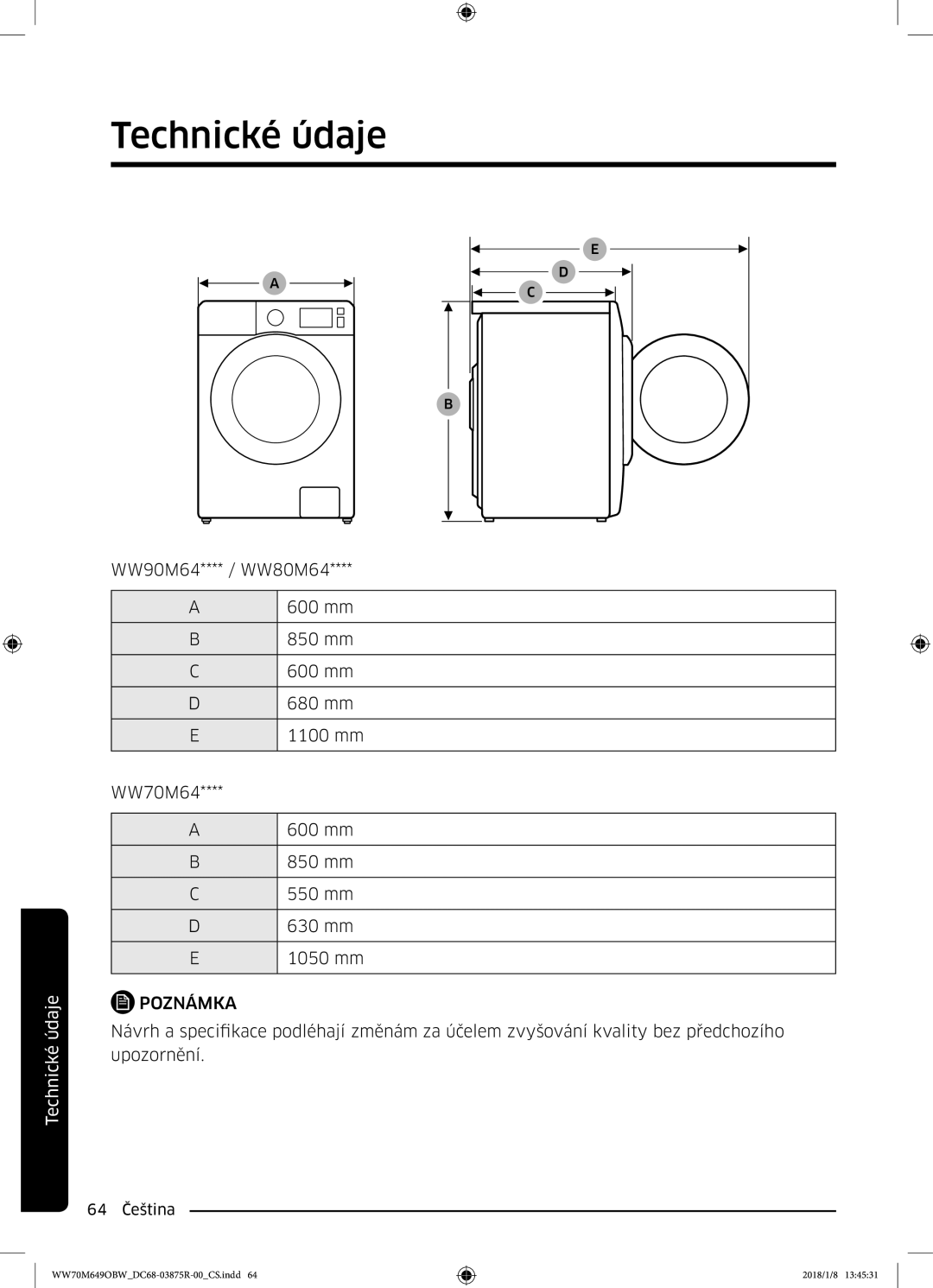 Samsung WW70M649OBW/ZE manual 64 Čeština 