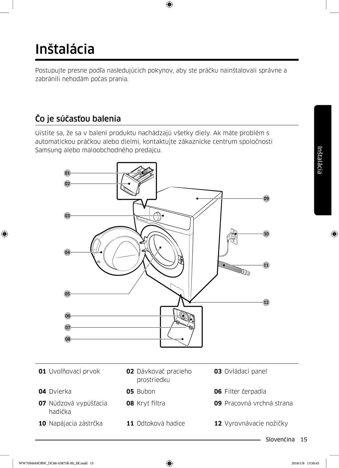 Samsung WW70M649OBW/ZE manual Inštalácia, Čo je súčasťou balenia 