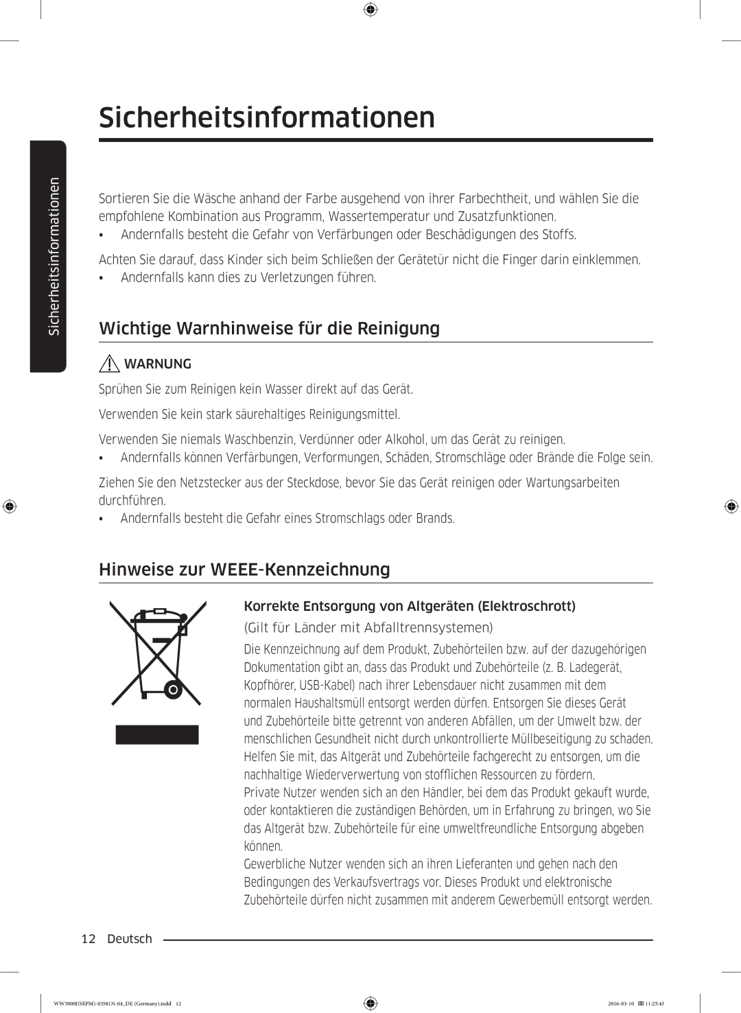 Samsung WW80J3470KW/EG, WW72J3470KW/EG manual Wichtige Warnhinweise für die Reinigung, Hinweise zur WEEE-Kennzeichnung 