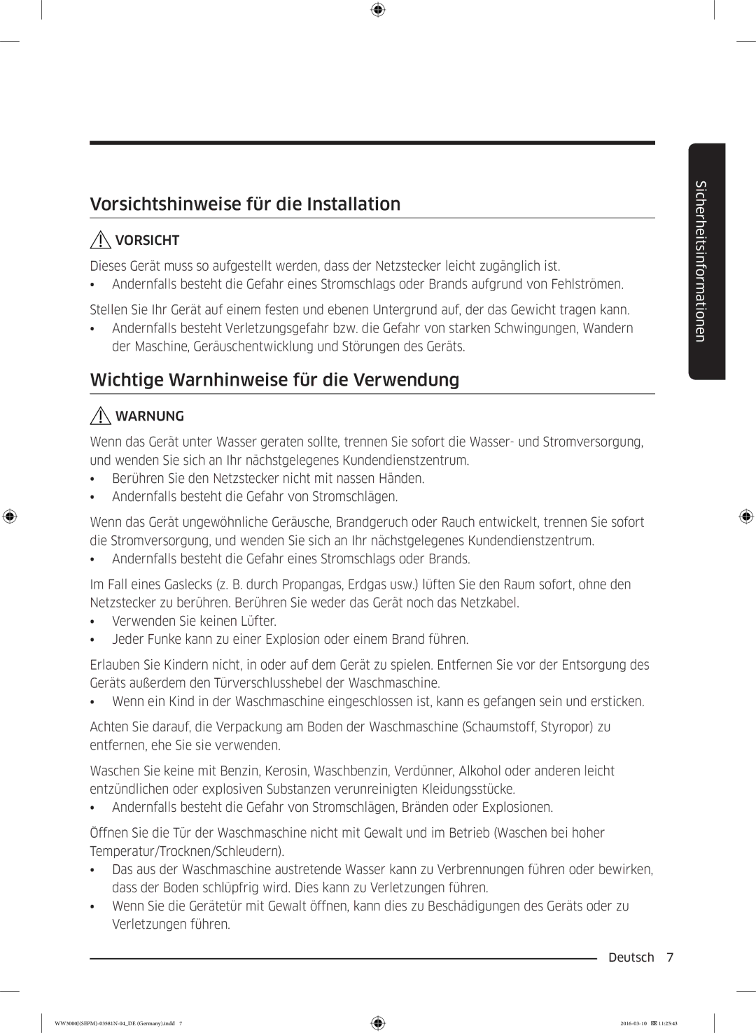 Samsung WW60J3283LW/EG, WW72J3470KW/EG Vorsichtshinweise für die Installation, Wichtige Warnhinweise für die Verwendung 