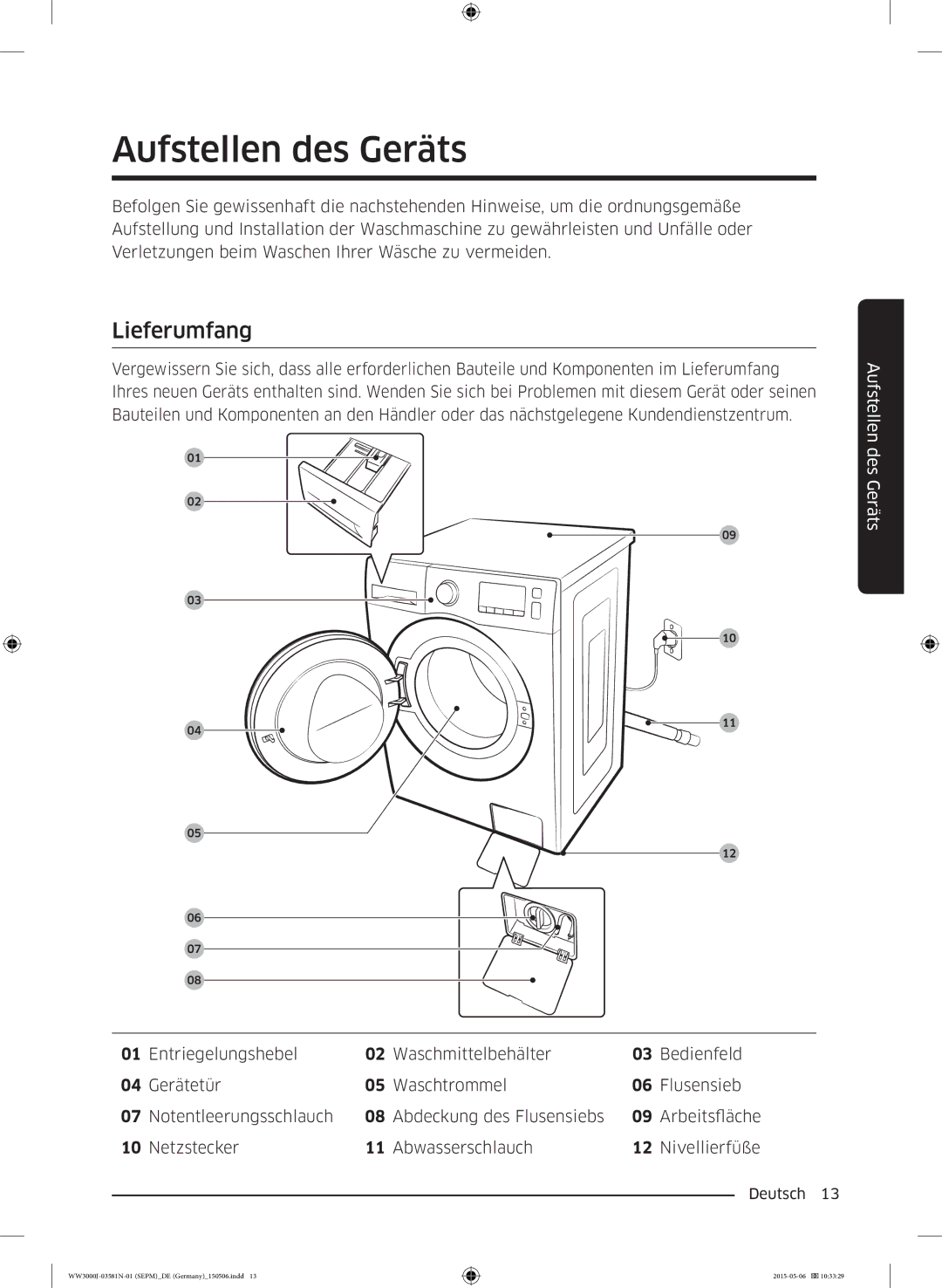 Samsung WW70J34D0KW/EG, WW72J3470KW/EG, WW80J3470KW/EG, WW70J3473KW1EG, WW80J3473KW/EG Aufstellen des Geräts, Lieferumfang 