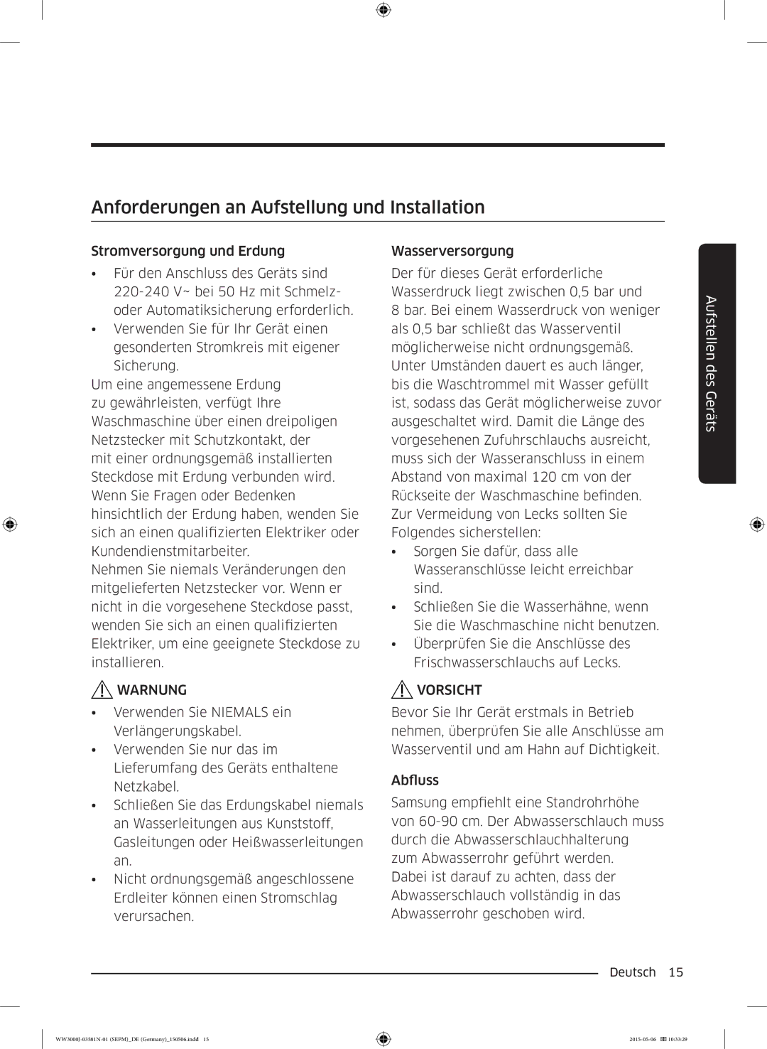 Samsung WW80J34D0KW/EG, WW72J3470KW/EG, WW80J3470KW/EG, WW70J3473KW1EG manual Anforderungen an Aufstellung und Installation 