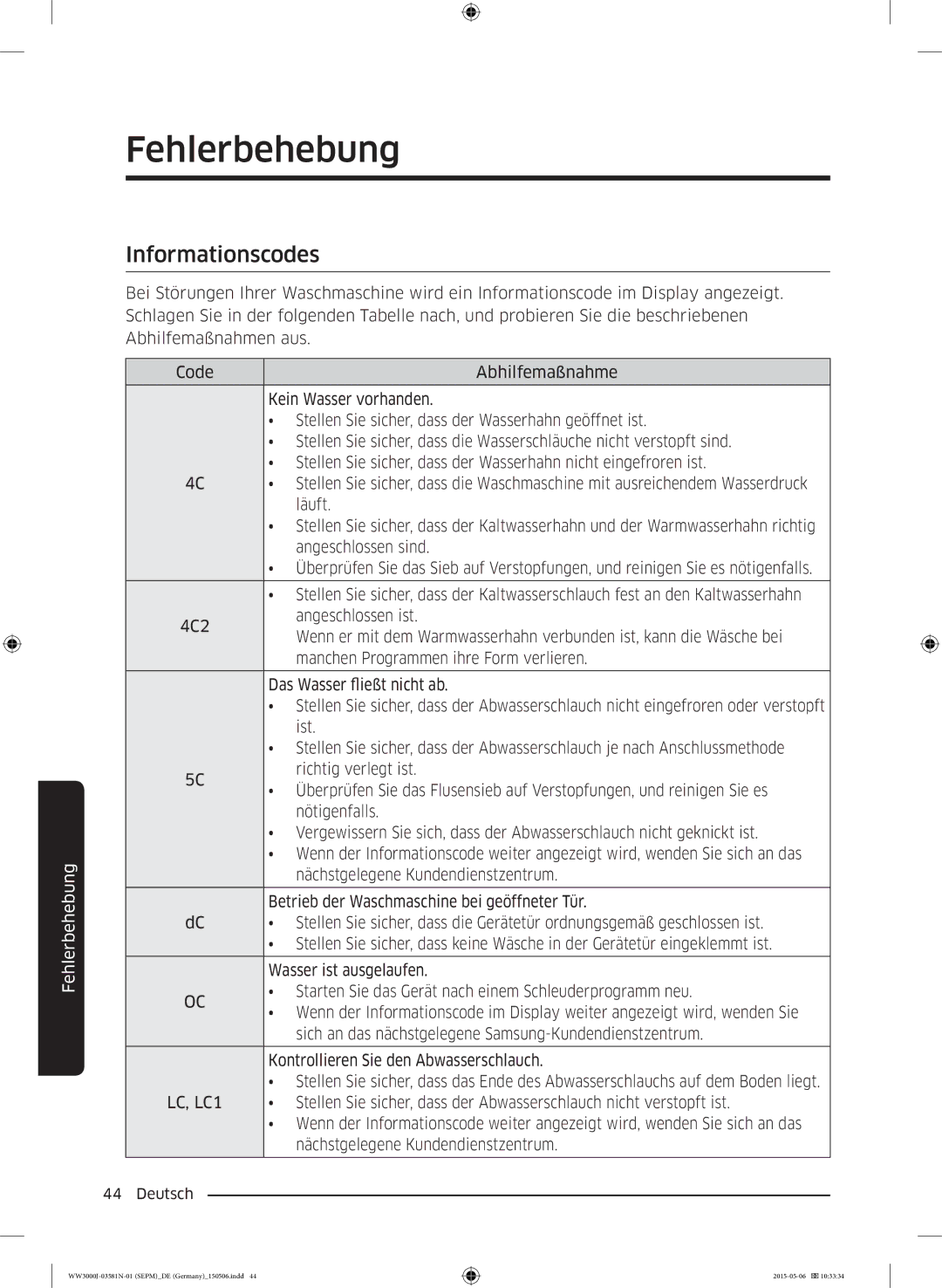 Samsung WW80J3483KW/EG, WW72J3470KW/EG, WW80J3470KW/EG, WW70J3473KW1EG, WW80J3473KW/EG, WW70J34D0KW/EG manual Informationscodes 