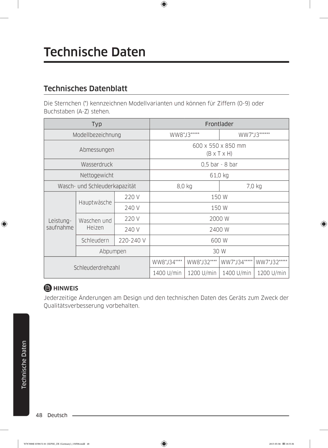 Samsung WW80J3473KW/EG, WW72J3470KW/EG, WW80J3470KW/EG, WW70J3473KW1EG, WW70J34D0KW/EG, WW60J3283LW/EG Technisches Datenblatt 