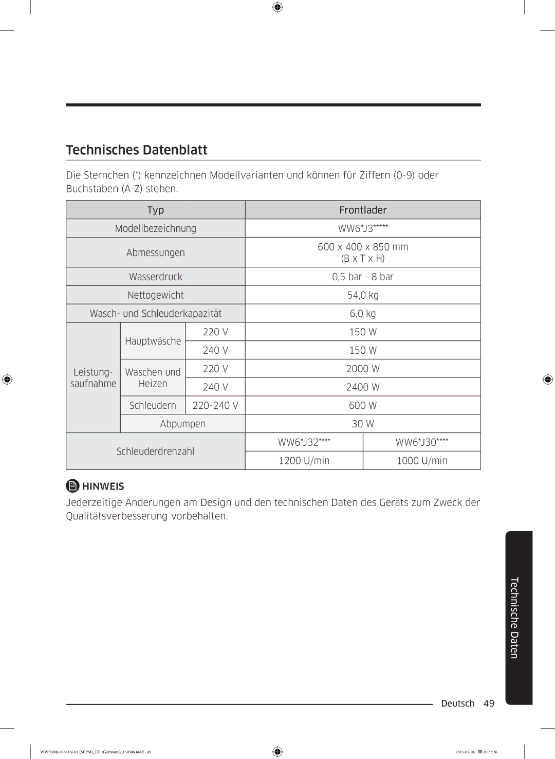 Samsung WW70J34D0KW/EG, WW72J3470KW/EG, WW80J3470KW/EG, WW70J3473KW1EG, WW80J3473KW/EG, WW60J3283LW/EG manual 600 x 400 x 850 mm 