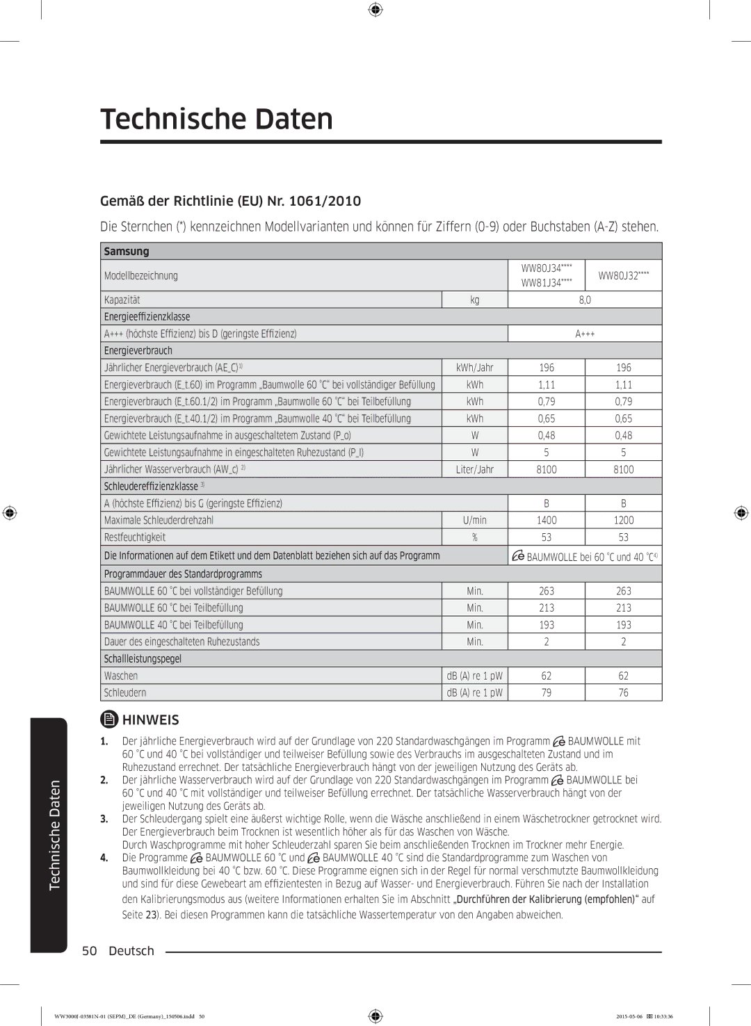 Samsung WW60J3283LW/EG, WW72J3470KW/EG, WW80J3470KW/EG, WW70J3473KW1EG, WW80J3473KW/EG, WW70J34D0KW/EG, WW80J34D0KW/EG Samsung 