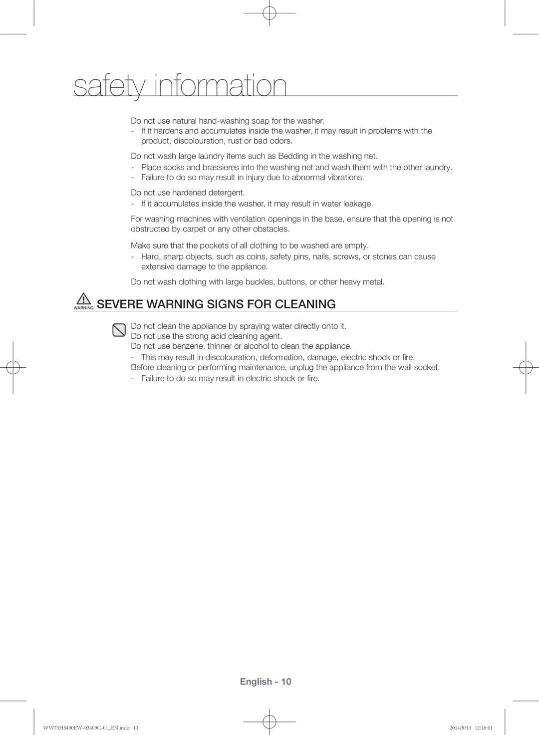 Samsung WW75H5400EW/YL manual Failure to do so may result in electric shock or fire 