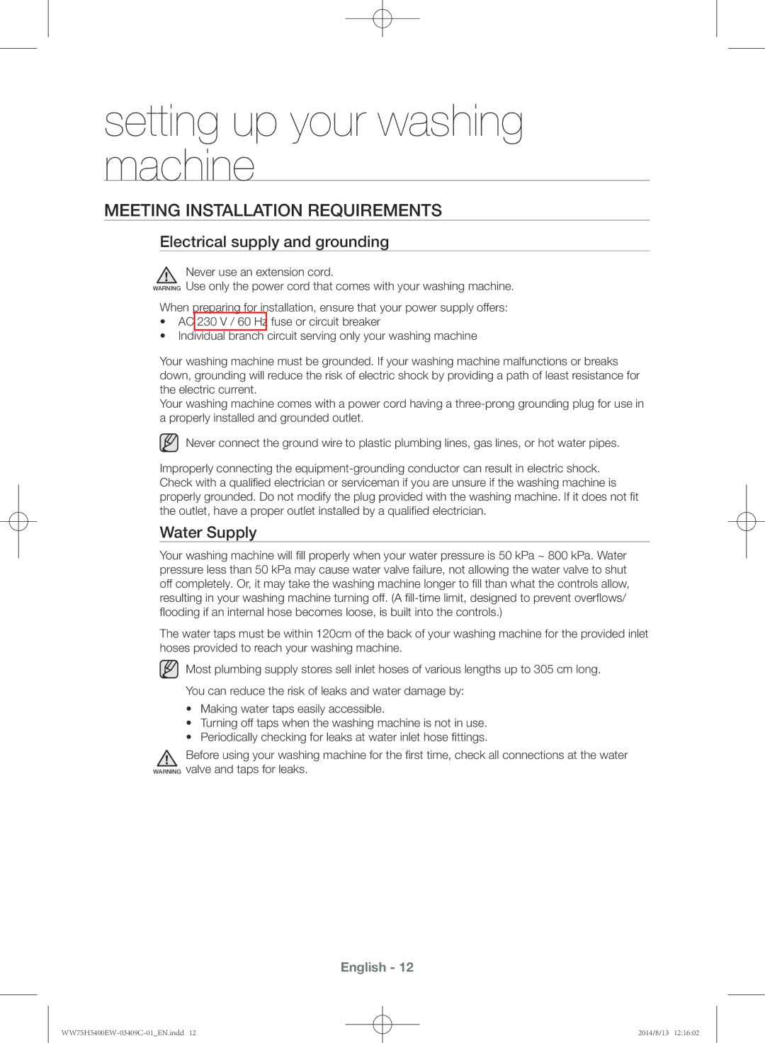 Samsung WW75H5400EW/YL manual Meeting installation requirements, Electrical supply and grounding, Water Supply 