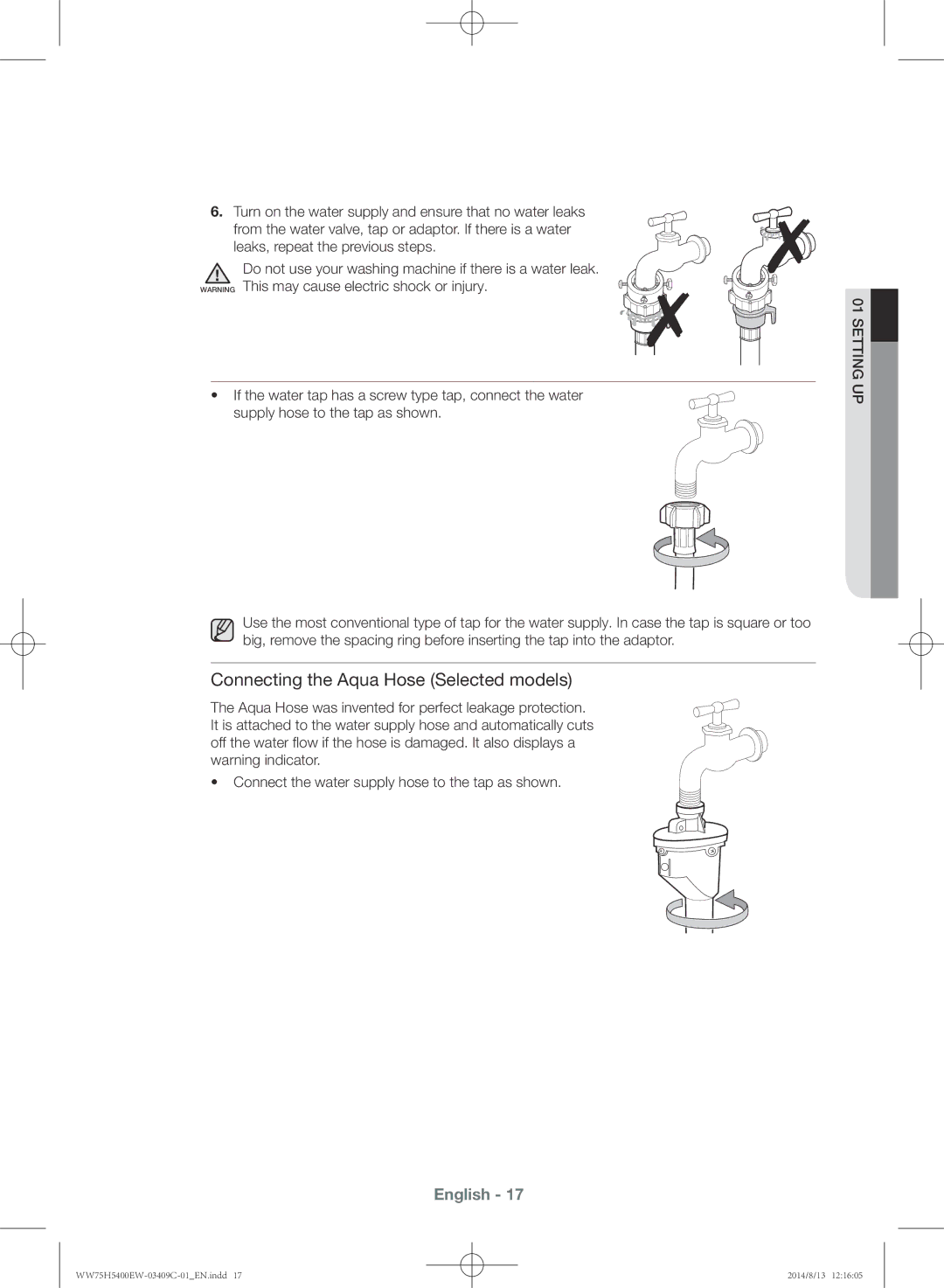 Samsung WW75H5400EW/YL manual Connecting the Aqua Hose Selected models 