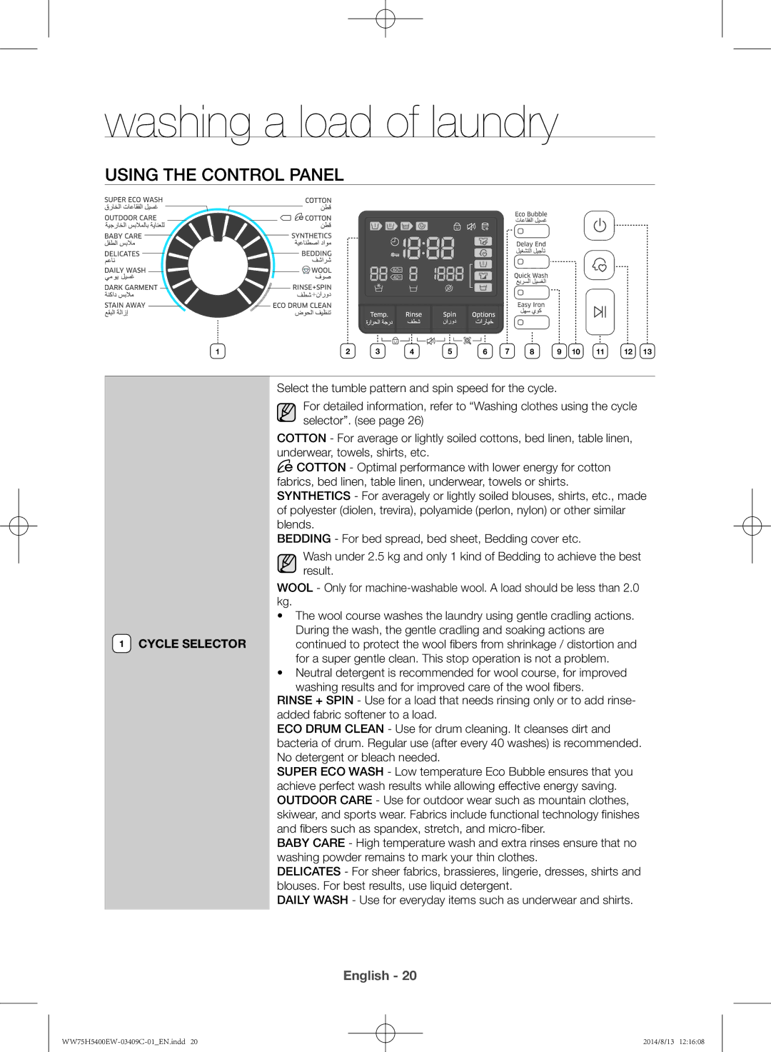 Samsung WW75H5400EW/YL manual Using the control panel, Cycle Selector 