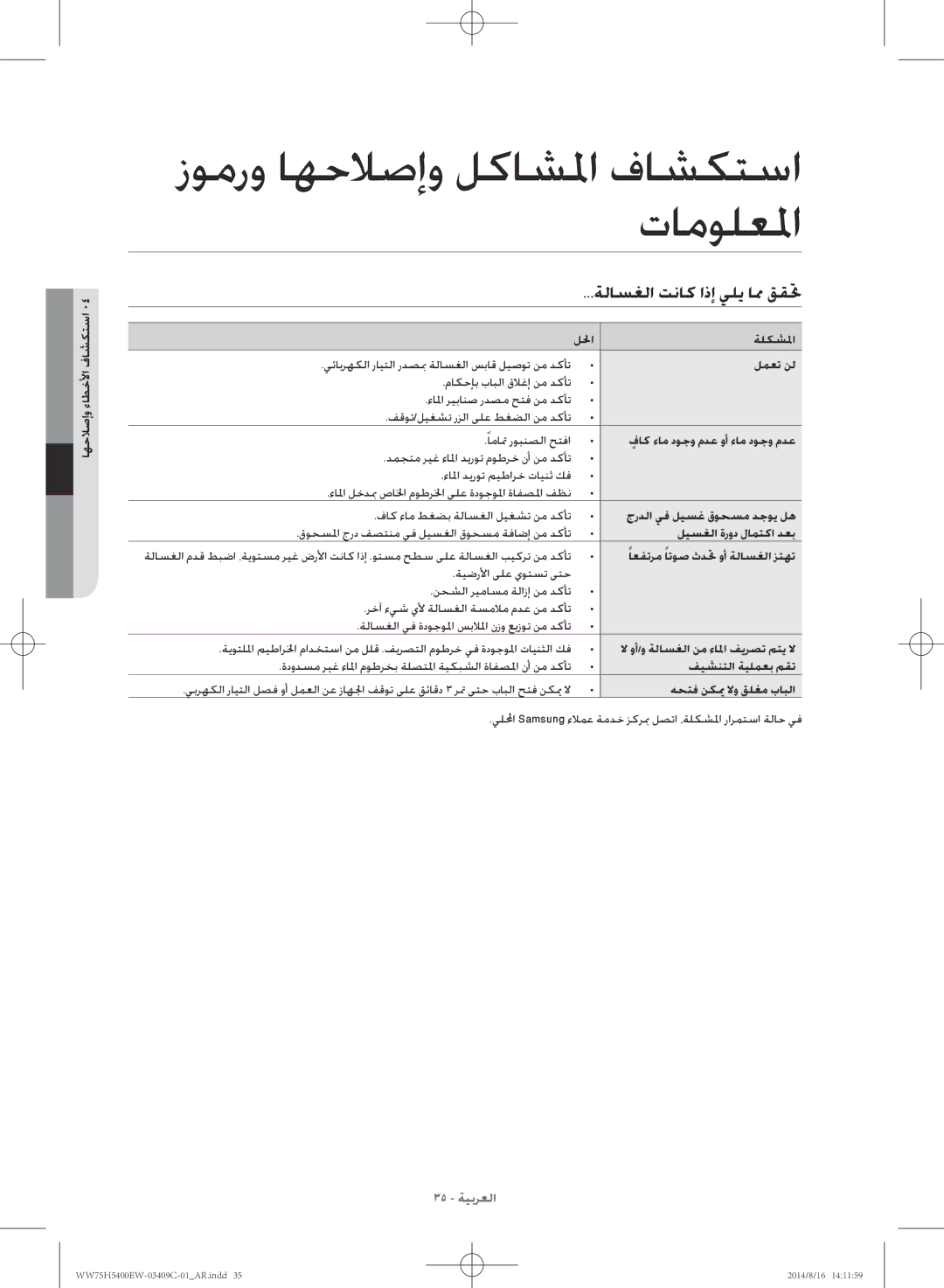 Samsung WW75H5400EW/YL زومرو اهحلاصإو لكاشلما فاشكتسا تامولعلما, ةلاسغلا تناك اذإ يلي امم ققتح, اهحلاصإو ءاطخلأا فاشكتسا 