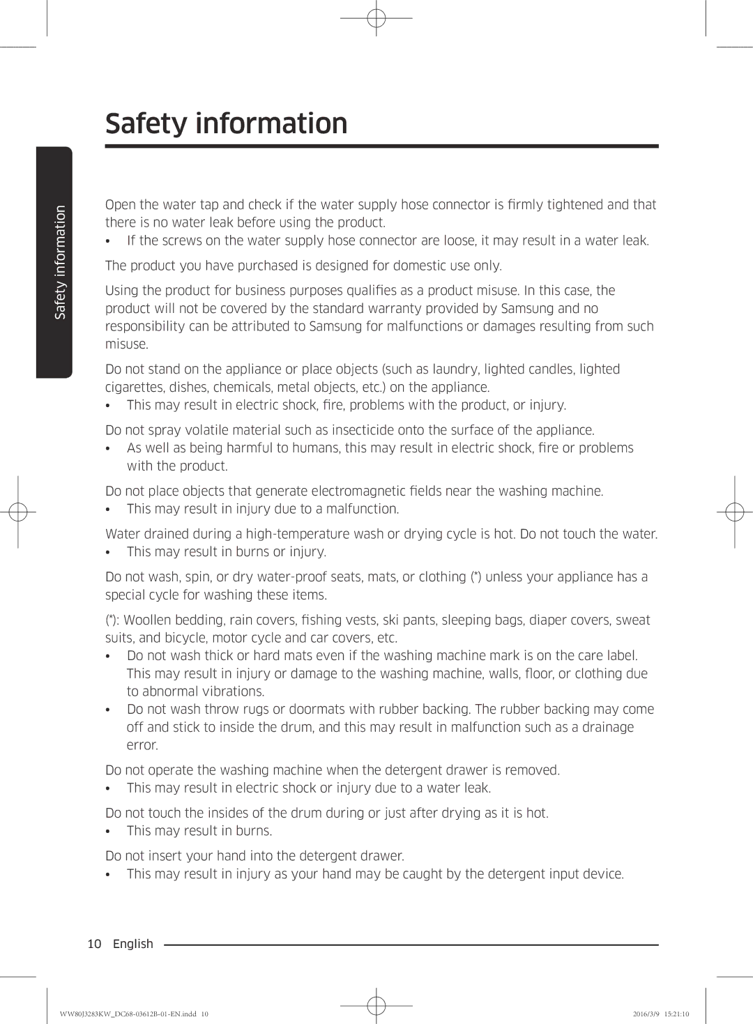 Samsung WW75J3283KW/SV, WW75J3083KW/SV, WW80J3283KW/SV, WW75J3283GS/SV manual Safety information 