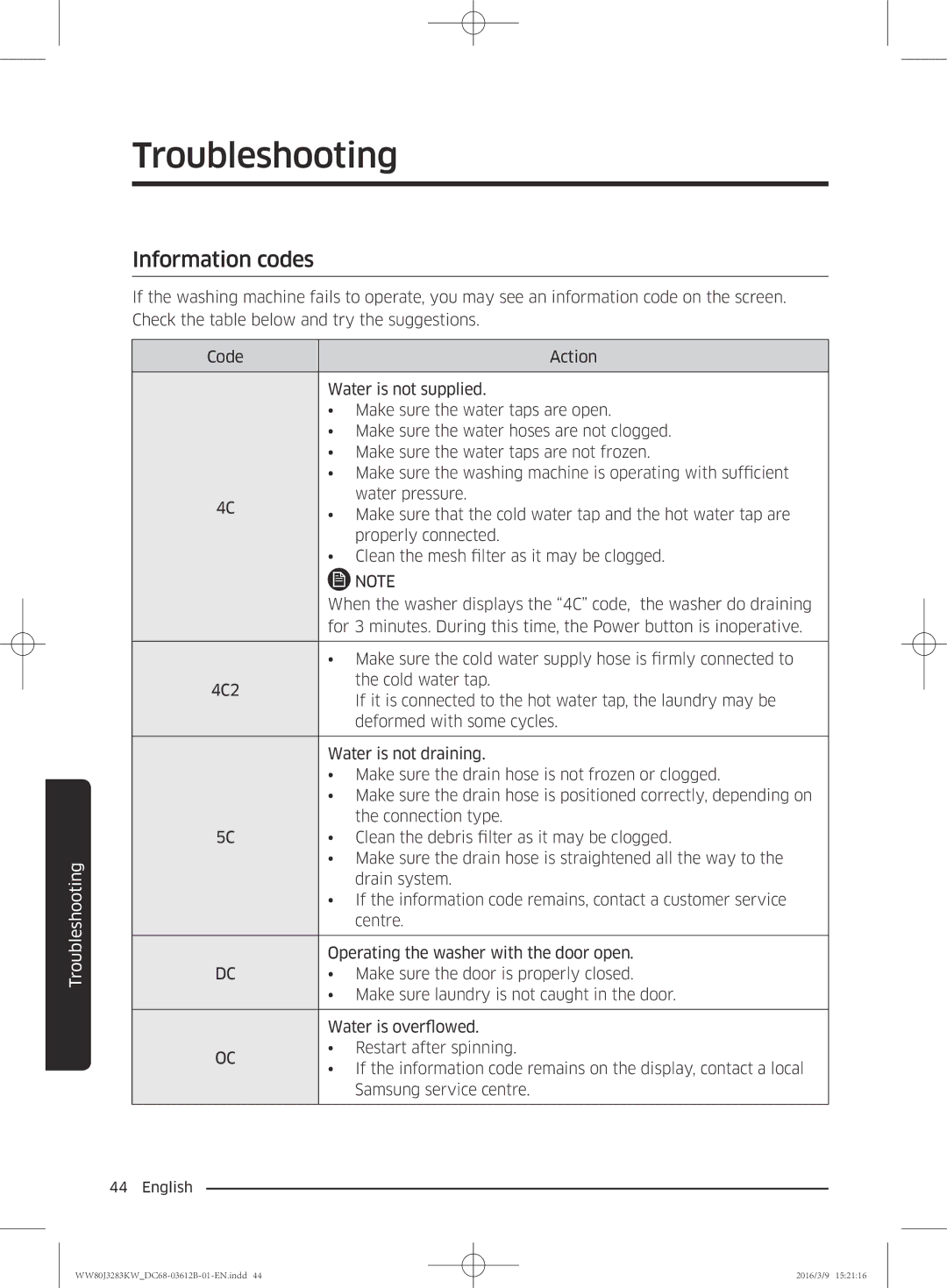 Samsung WW75J3083KW/SV, WW80J3283KW/SV, WW75J3283KW/SV, WW75J3283GS/SV manual Information codes 