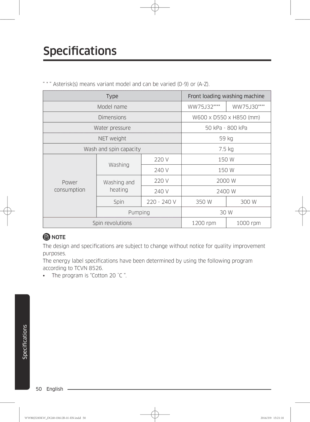 Samsung WW75J3283KW/SV, WW75J3083KW/SV, WW80J3283KW/SV, WW75J3283GS/SV manual Specifications 