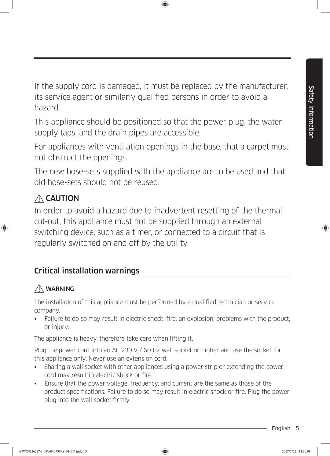 Samsung WW50J3063LW/YL, WW75J3263KW/YL, WW60J3063KW/YL manual Safety information 