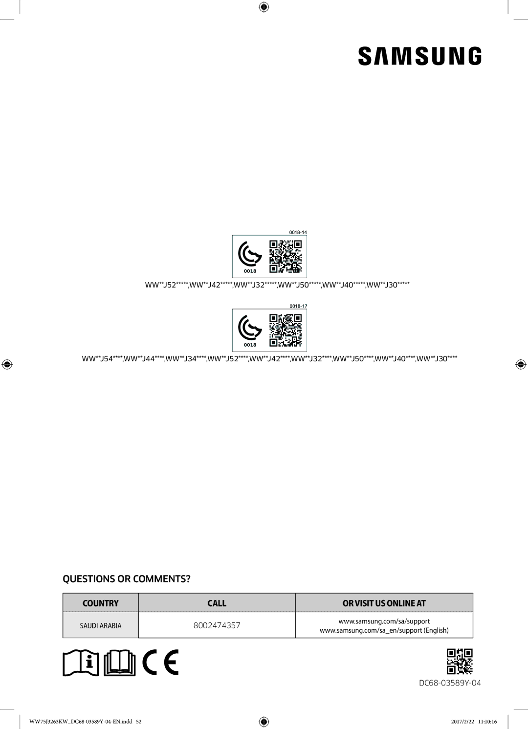 Samsung WW60J3063KW/YL, WW75J3263KW/YL, WW50J3063LW/YL manual Country Call Or Visit US Online AT 