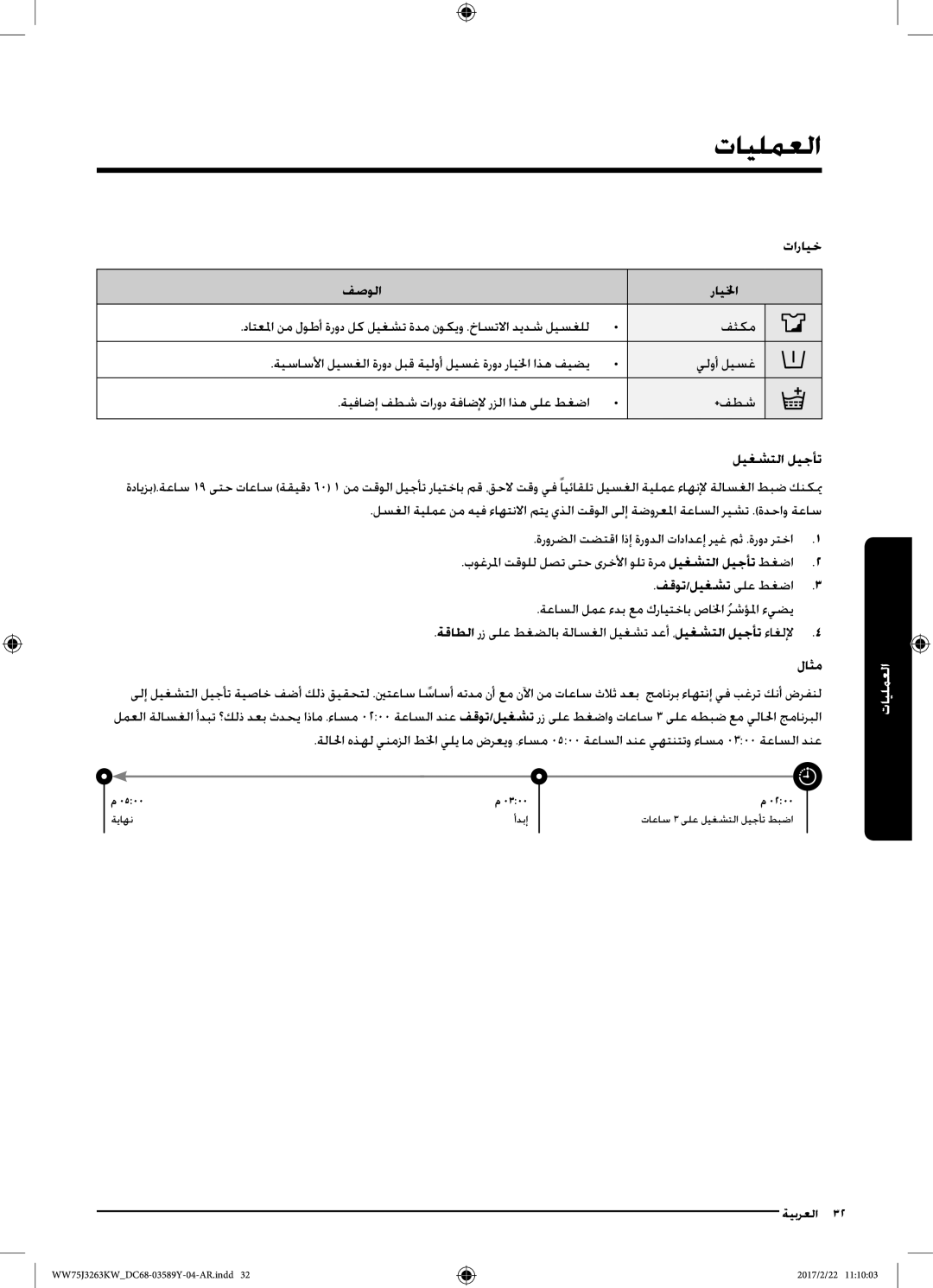 Samsung WW75J3263KW/YL, WW60J3063KW/YL, WW50J3063LW/YL manual تارايخ فصولا رايلخا, ليغشتلا ليجأت, لاثم 