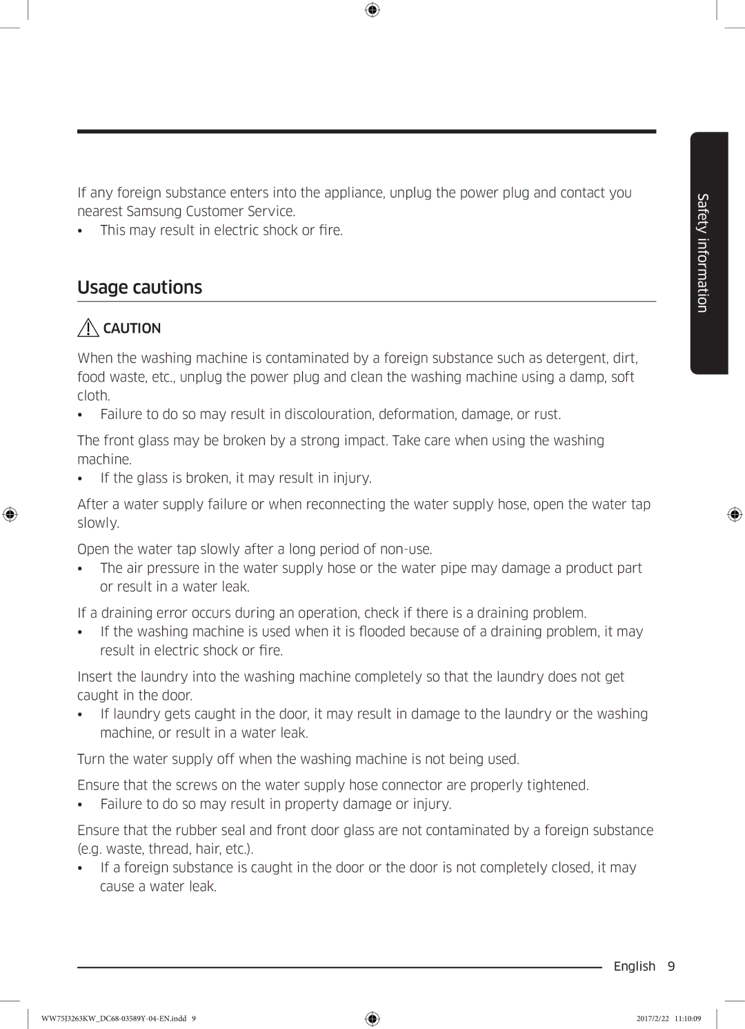 Samsung WW75J3263KW/YL, WW60J3063KW/YL, WW50J3063LW/YL manual Usage cautions 