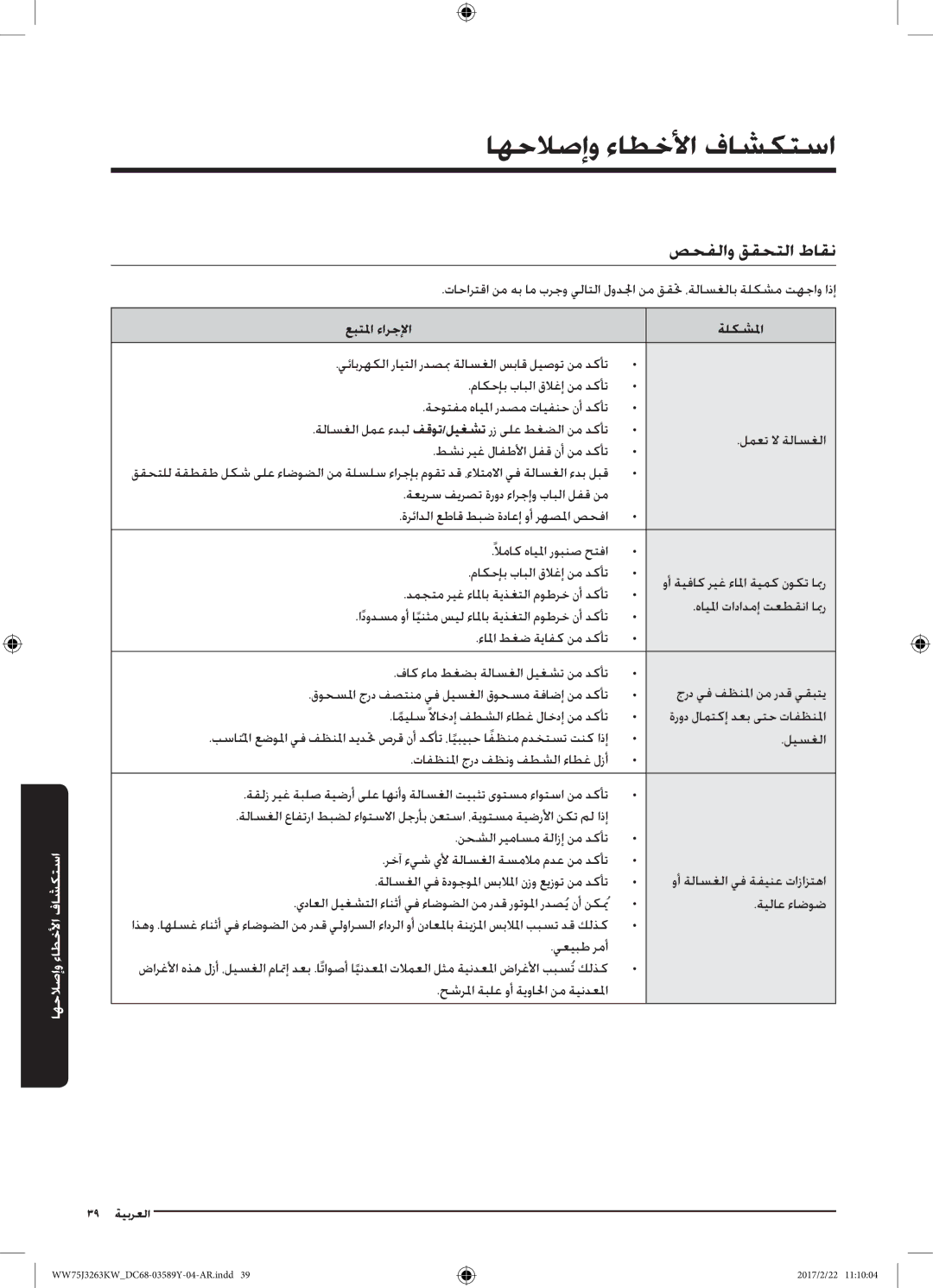 Samsung WW60J3063KW/YL, WW75J3263KW/YL, WW50J3063LW/YL اهحلاصإو ءاطخلأا فاشكتسا, صحفلاو ققحتلا طاقن, عبتلما ءارجلإا ةلكشلما 